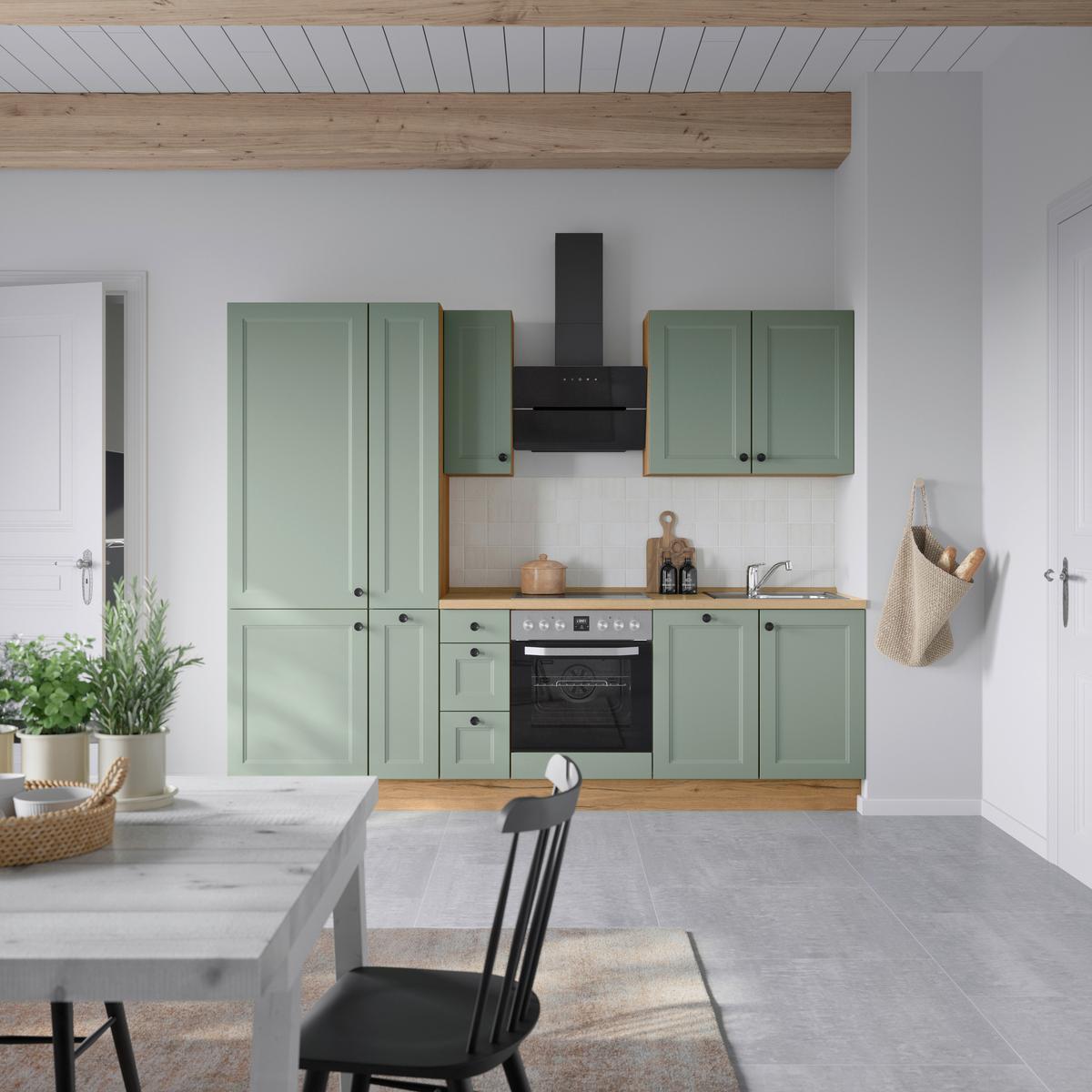Küchenblock Casada High m. Geräten Schilfgrün - Schilfgrün/Eichefarben, MODERN, Holzwerkstoff/Metall (270cm) - Nobilia
