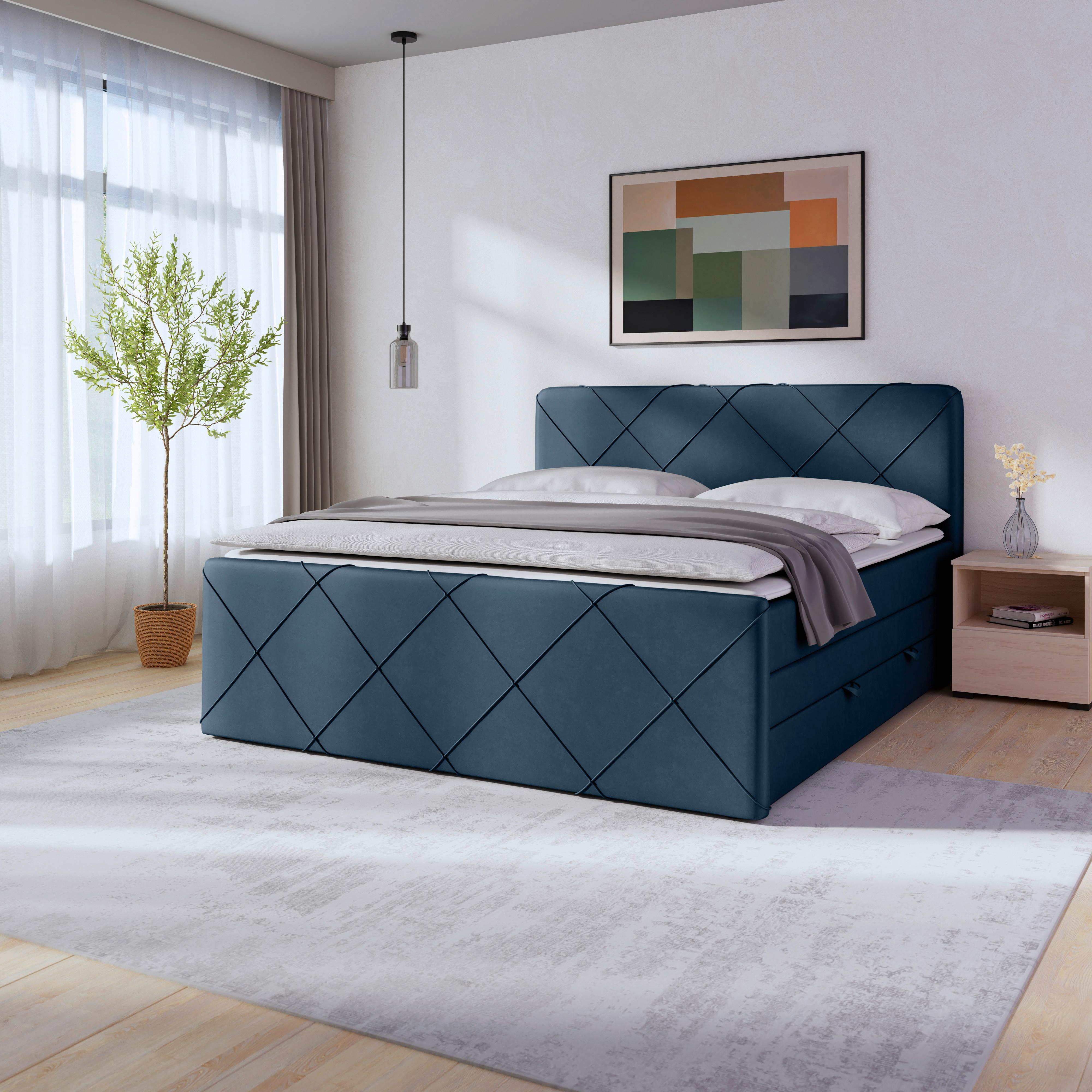 Boxspringbett Cordoba ca. 180x200 cm Blau - Blau/Schwarz, MODERN, Holz/Kunststoff (180/200cm) - MID.YOU
