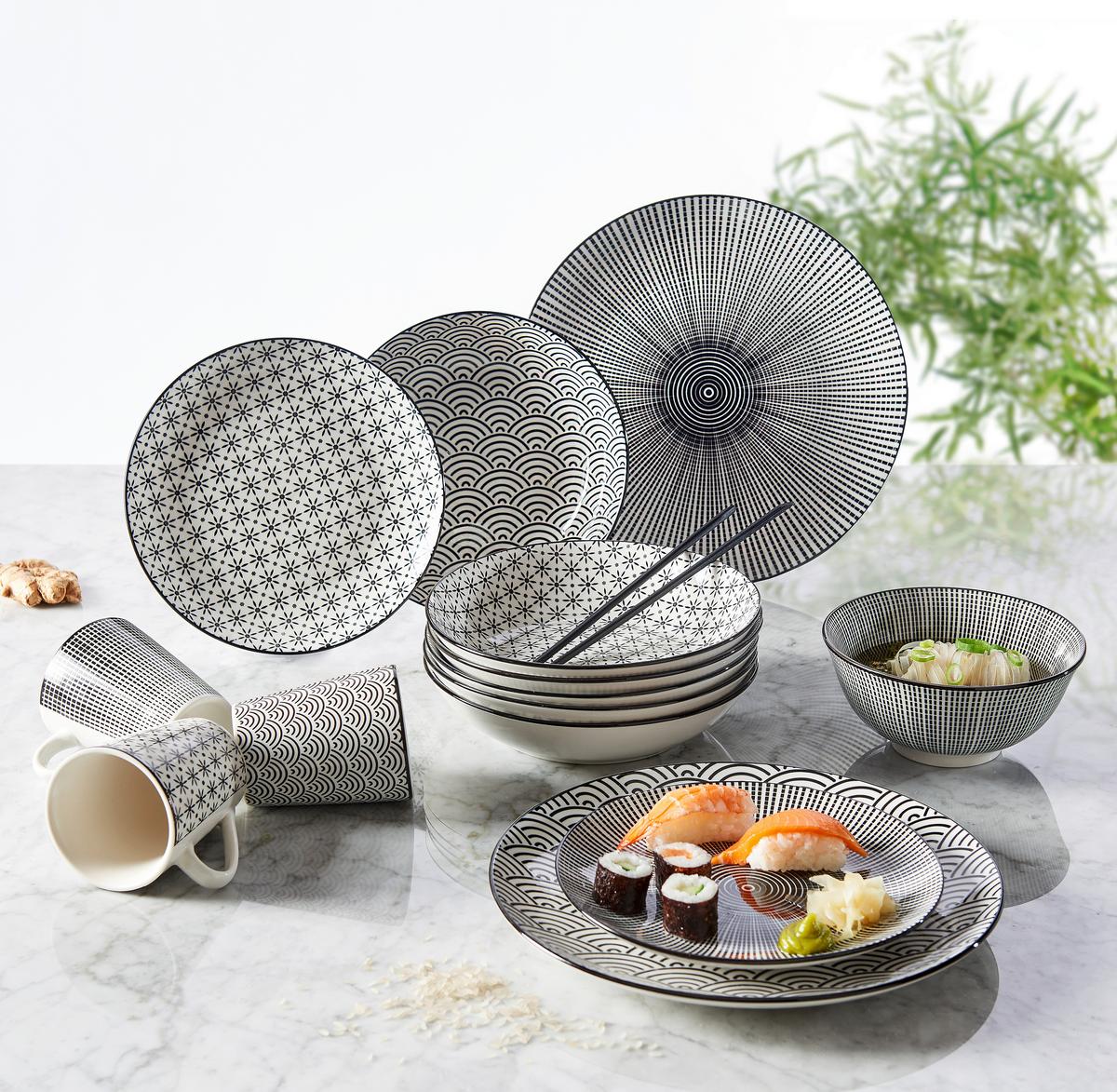 SERWIS OBIADOWO-ŚNIADANIOWY TOKYO - czarny/biały, Trend, ceramika - Novel