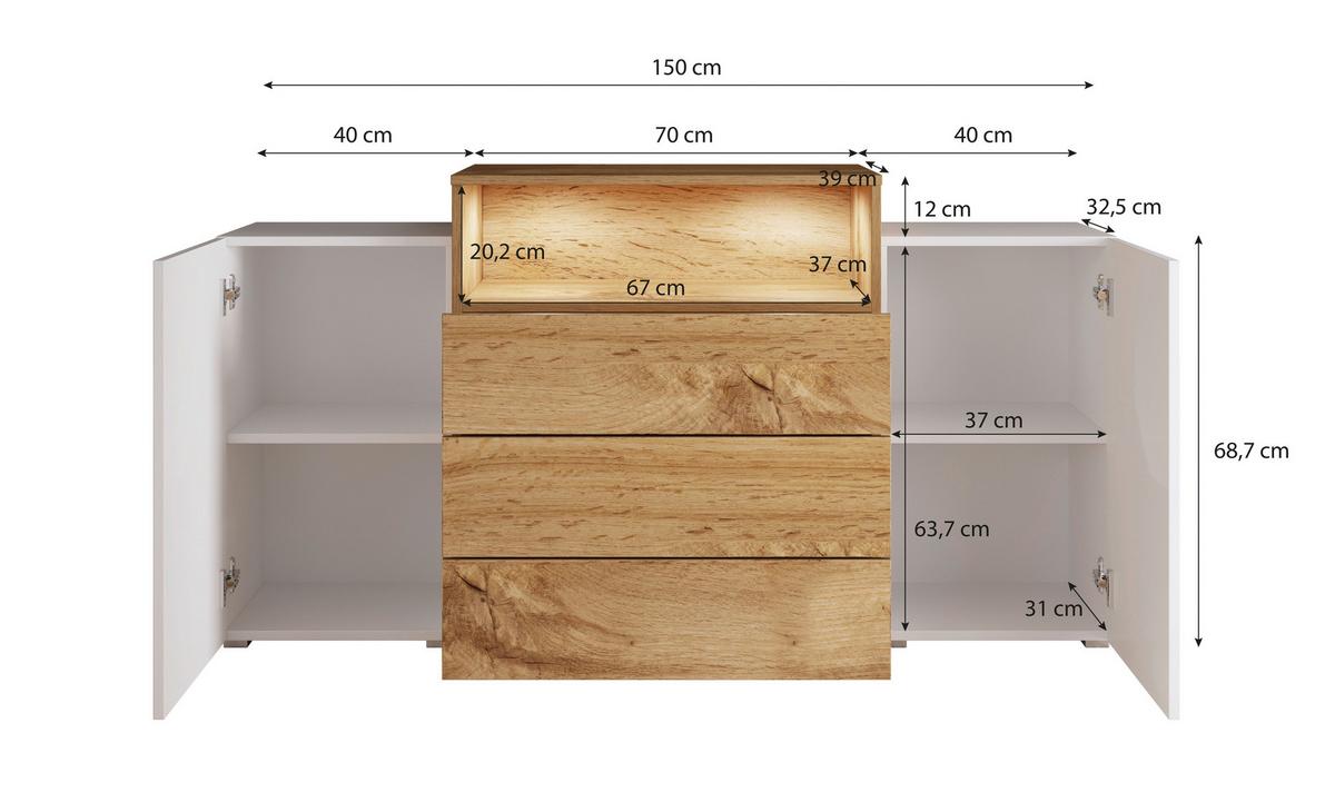 Sideboard Urban III mit LED ca. 150x69 cm Weiß/Eiche Wotan - Weiß Hochglanz/Eiche Wotan, LIFESTYLE, Holzwerkstoff/Kunststoff (150/68,7/32,5cm) - P & B