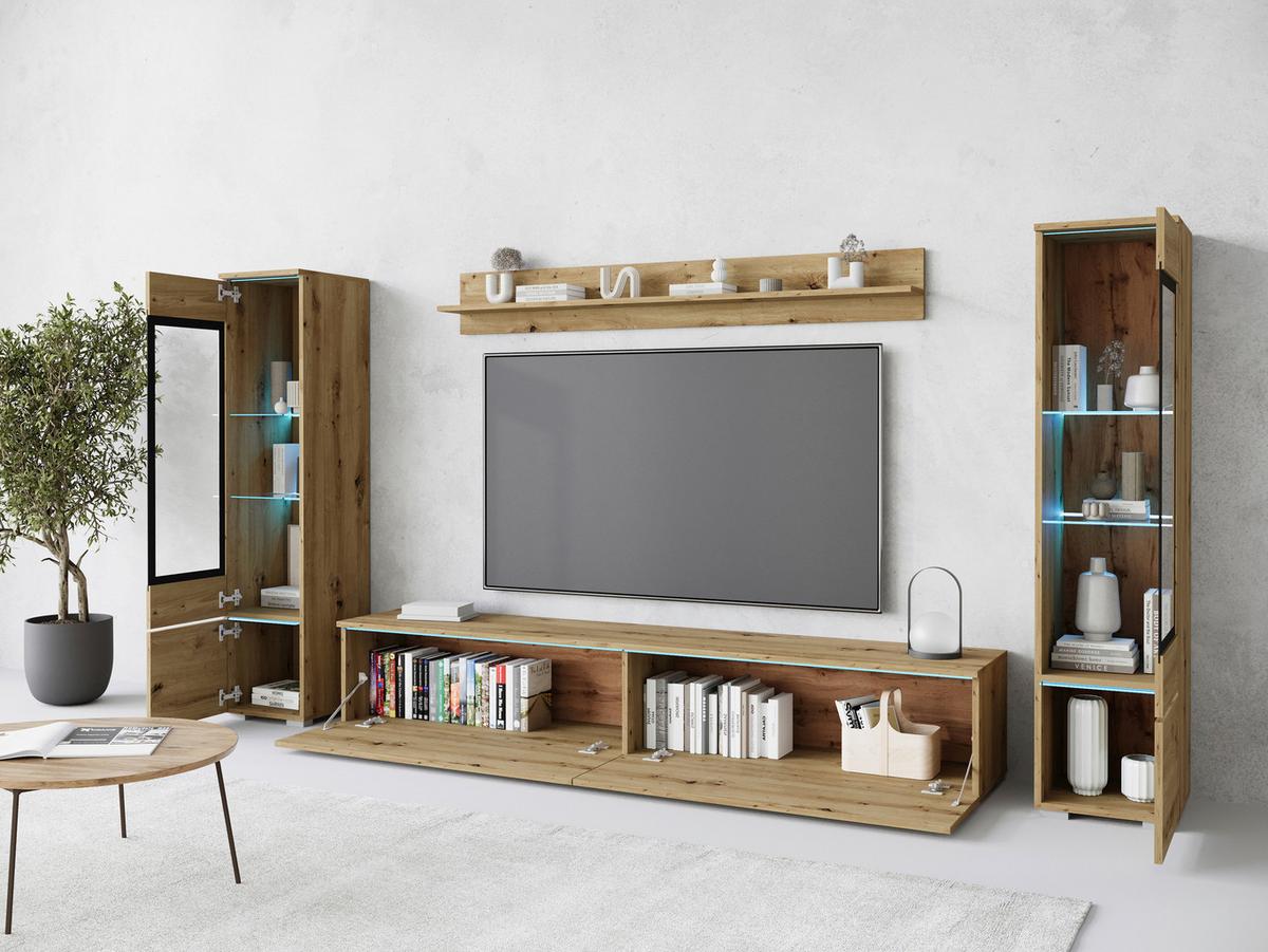 Wohnwand Vera II 4-tlg. ca. 240x130 cm Eiche Artisan - Eiche Artisan/Grau, Basics, Glas/Holzwerkstoff (240/130/33cm) - Livetastic