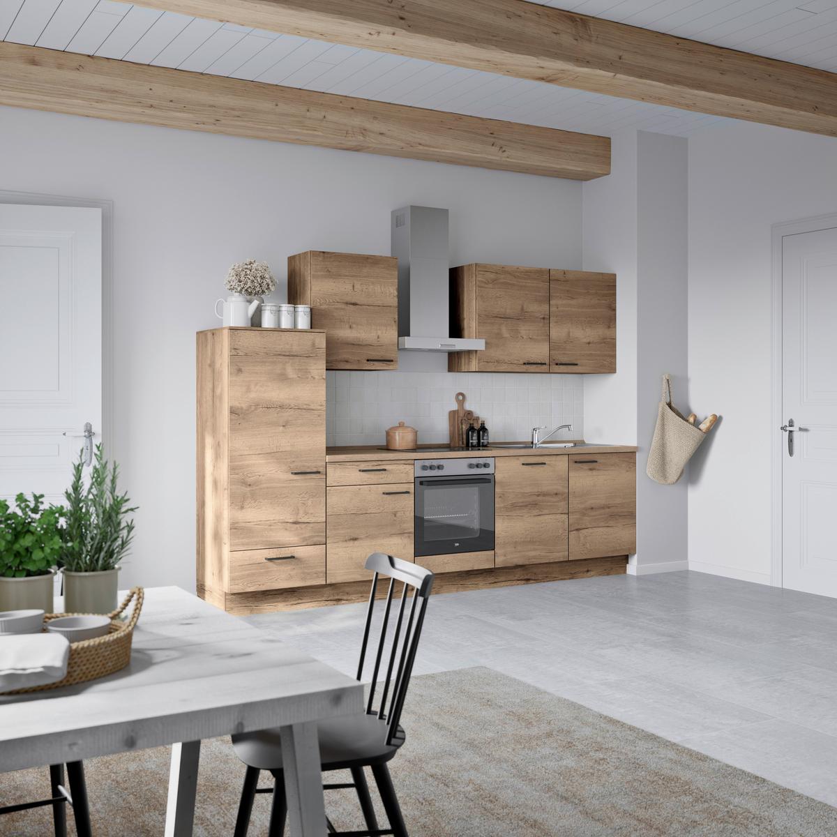 Küchenblock Structura Low m. Geräten Eiche dunkel - Eiche dunkel/Eichefarben, MODERN, Holzwerkstoff/Metall (300cm) - Nobilia