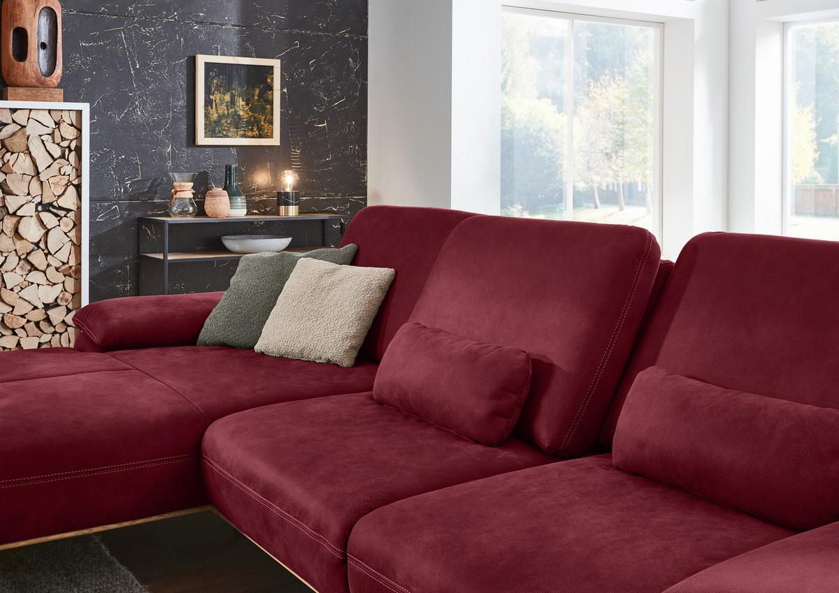 Wohnlandschaft Erling Weinrot - Beige/Weinrot, MODERN, Leder/Metall (187/89/322cm) - Premium Living