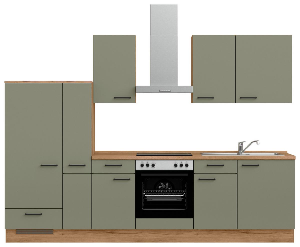 Küchenleerblock Senso Low o. Geräte Olivgrün - Eichefarben/Schwarz, MODERN, Holzwerkstoff/Metall (300cm) - Nobilia
