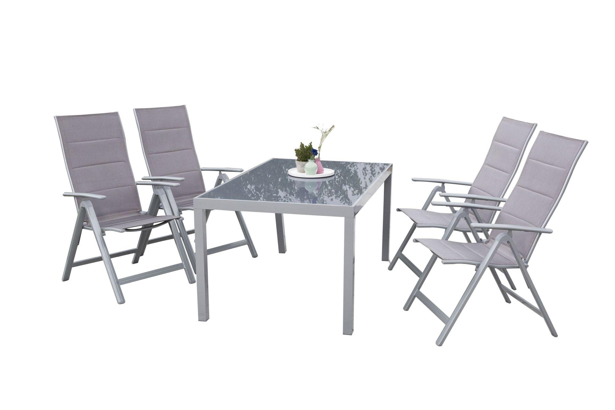 Gartenmöbel Set 5-tlg. Taviano Metall/Glas/Textil - Silberfarben/Braun, ROMANTIK / LANDHAUS, Glas/Textil - Gardenson
