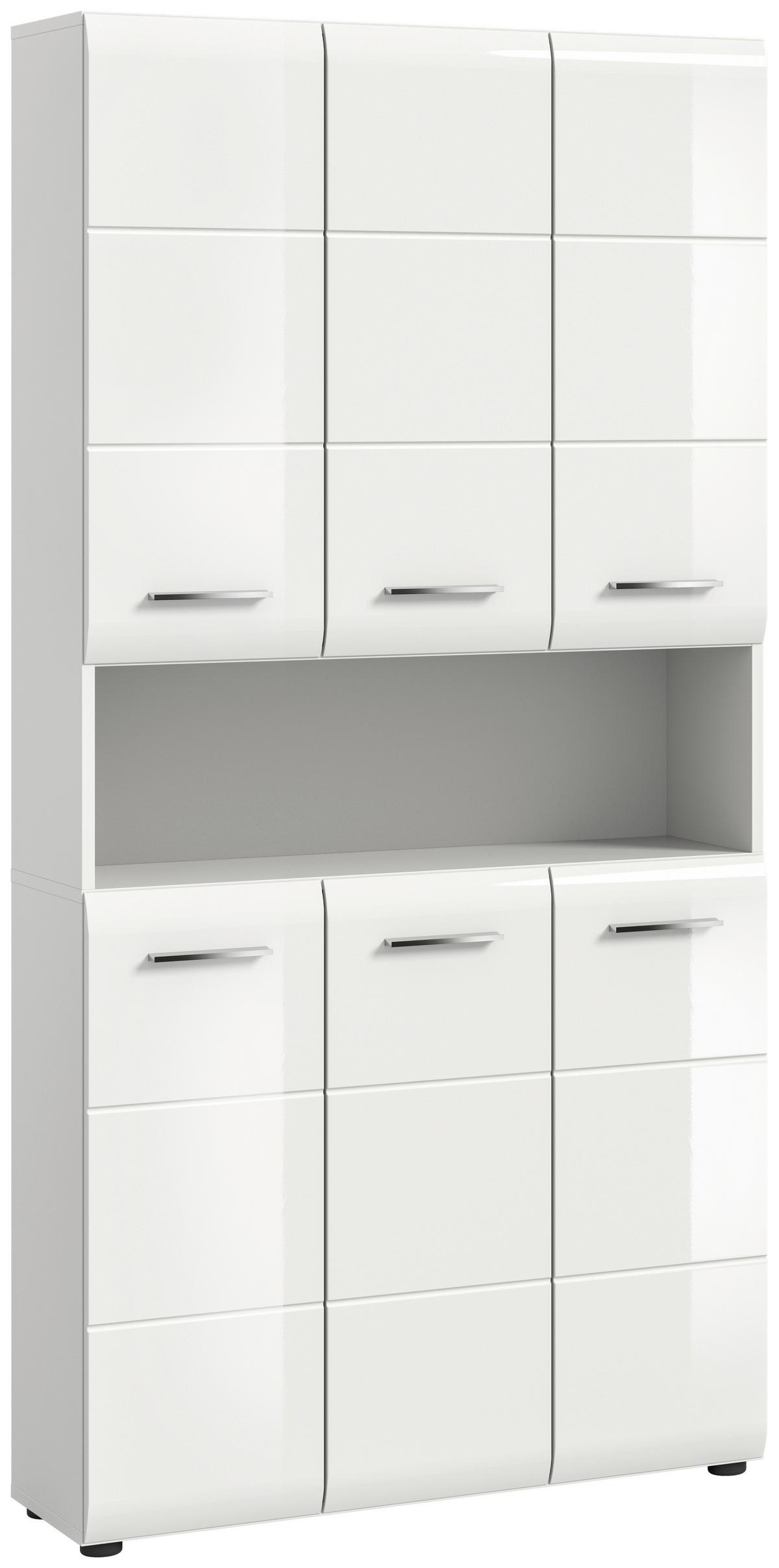 Hochschrank Ice ca. 90x185x30 cm Weiß - Weiß Hochglanz/Silberfarben, MODERN, Holzwerkstoff/Kunststoff (90/185/30cm) - MID.YOU