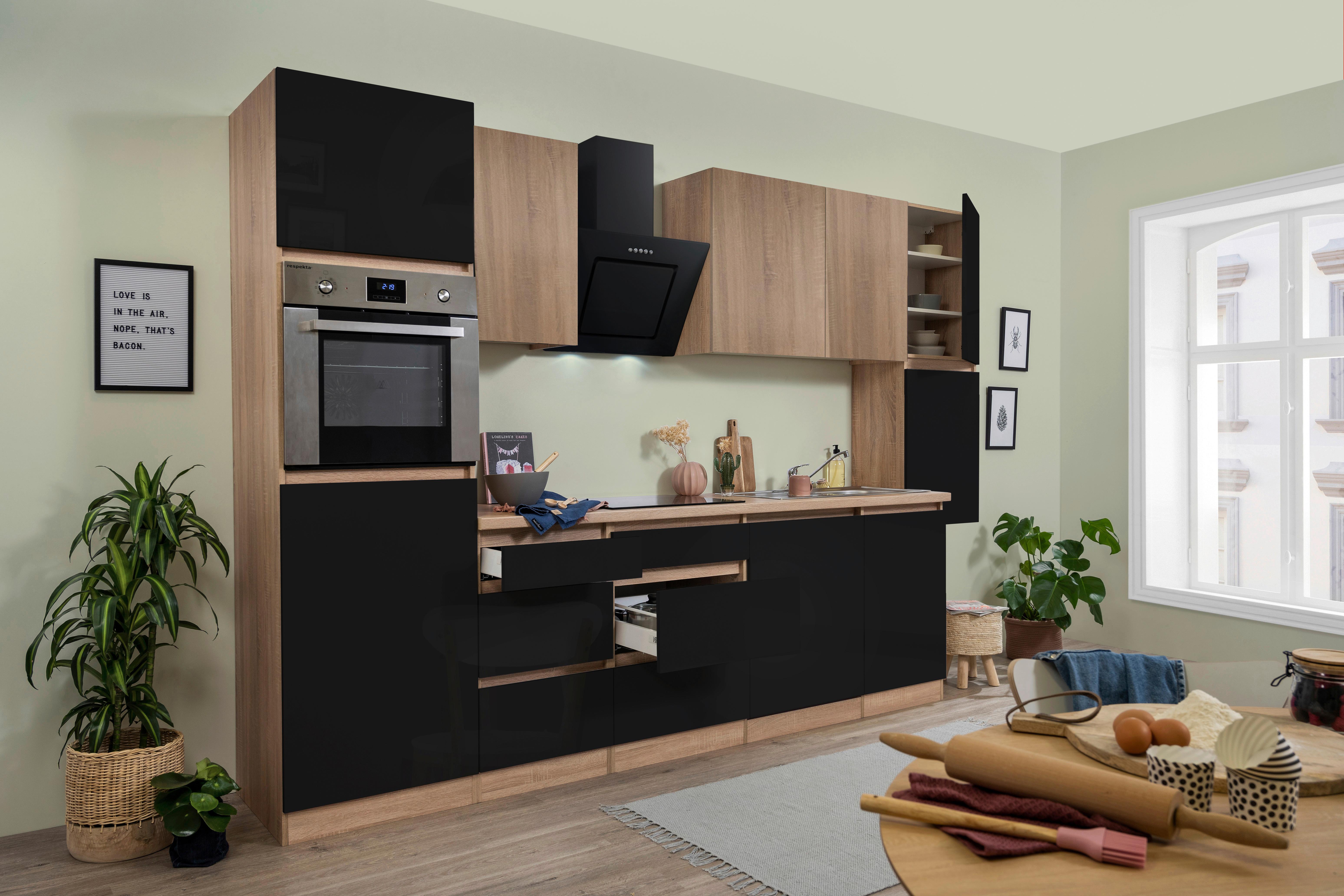 Küchenzeile Premium m. Geräte Schwarz/Eiche B: ca. 330 cm - Schwarz Hochglanz/Eichefarben, Basics, Holzwerkstoff (330cm) - Respekta