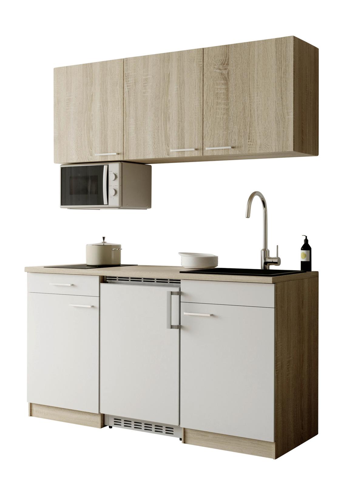 Miniküche Ingrid m. Geräten ca. 150cm Weiß - Eichefarben/Alufarben, Design, Holzwerkstoff/Kunststoff (150cm) - Respekta