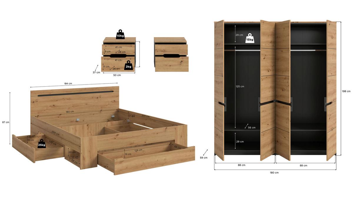 Schlafzimmer 4-teilig Grau, Eiche Artisan - Eiche Artisan/Grau, MODERN, Holzwerkstoff - MID.YOU