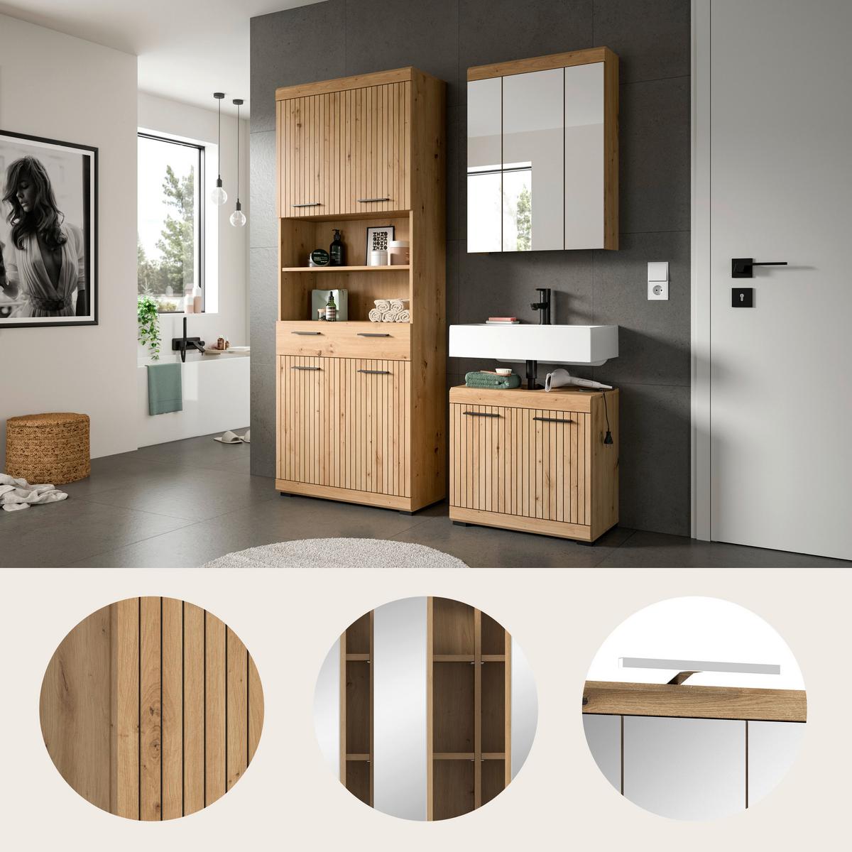 Badezimmer Scout Eiche Artisan 3-teilig - Schwarz/Eiche Artisan, Trend, Glas/Holzwerkstoff (134cm) - MID.YOU