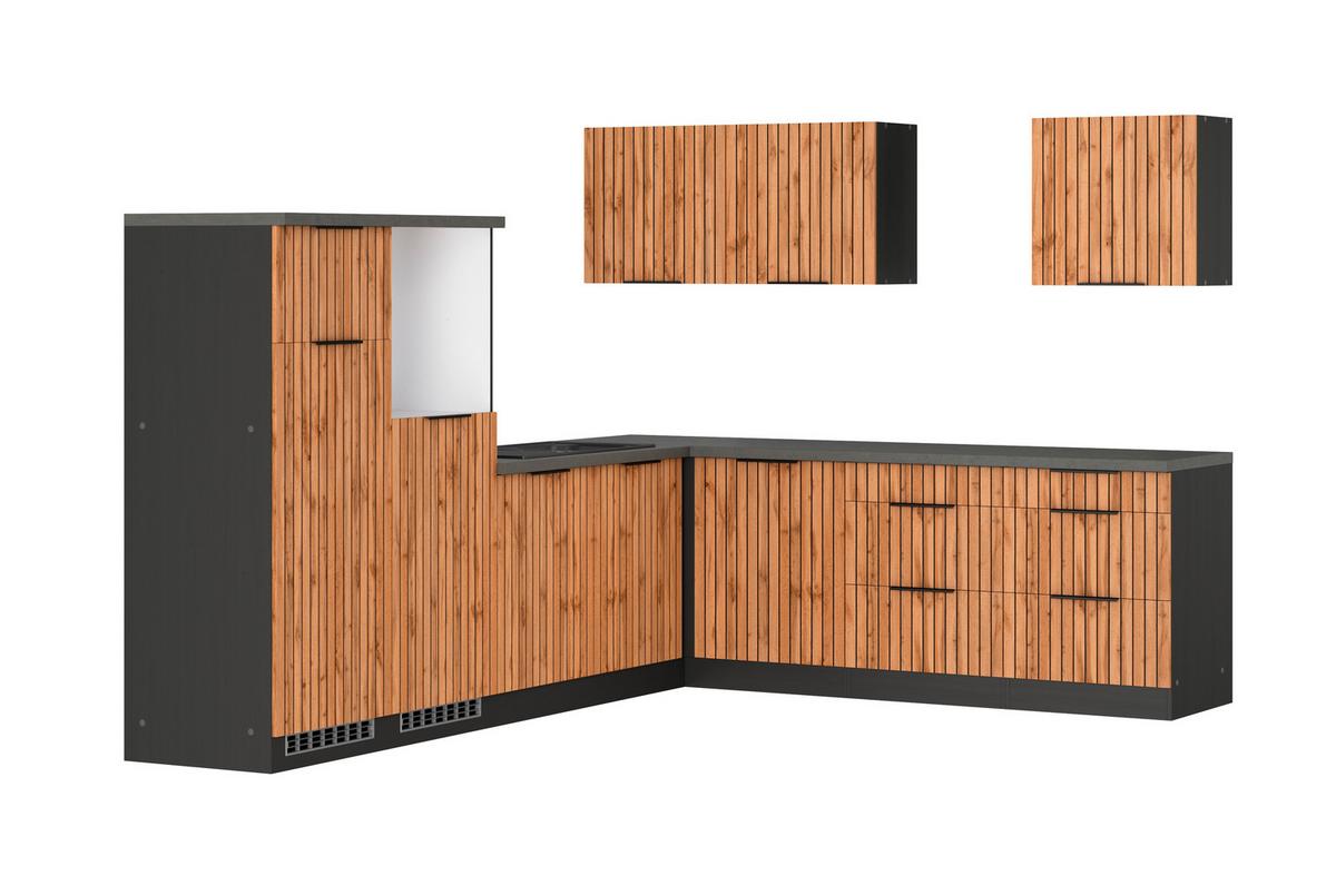 Eckküche Liverpool o. Geräte ca. 300x240cm Eiche - Schieferfarben/Eiche Wotan, Basics, Holzwerkstoff/Metall (300/240cm) - Held
