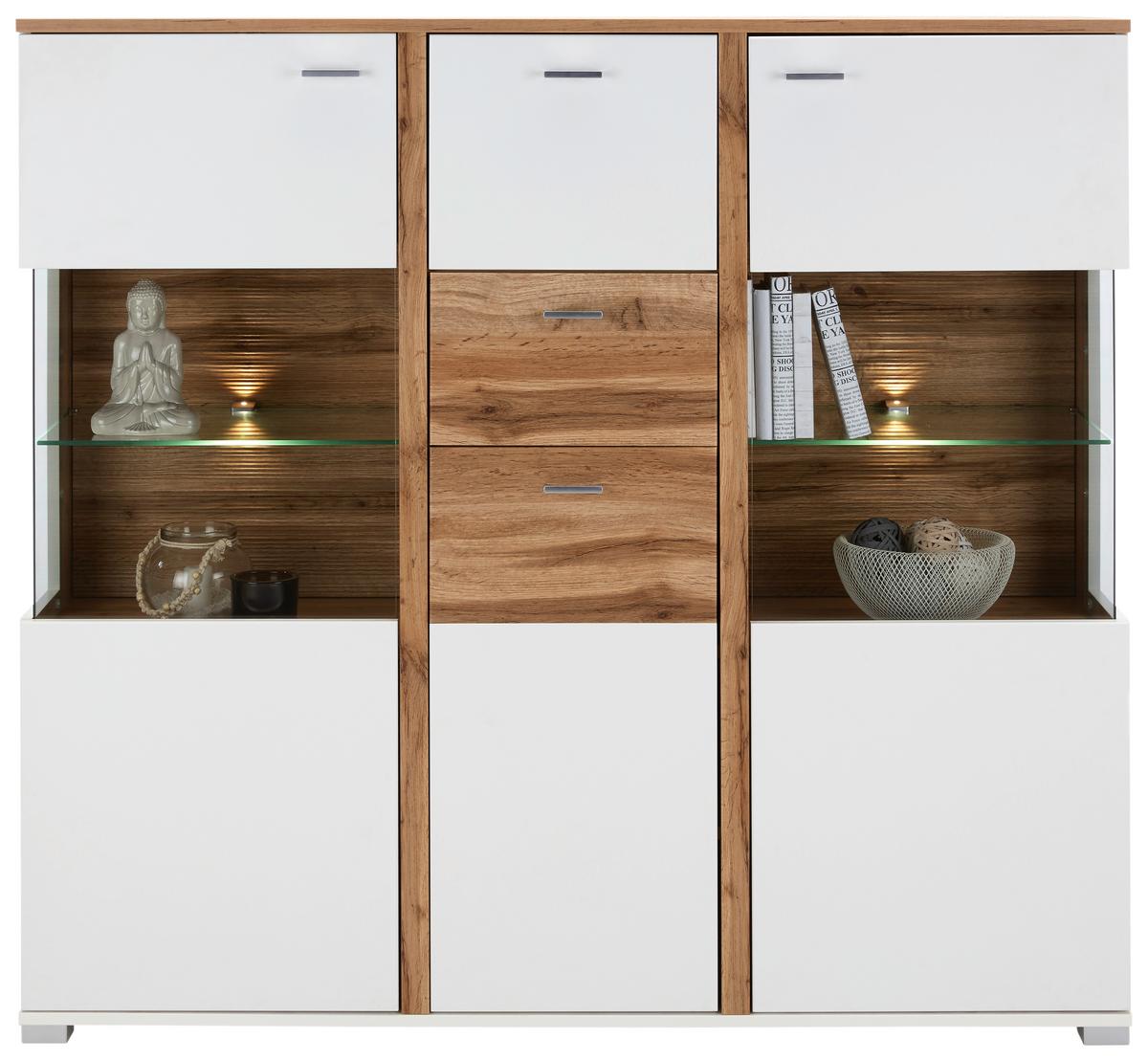 Highboard in Eichefarben - Chromfarben/Weiss, Modern, Holzwerkstoff/Metall (142/131/37cm) - Mömax