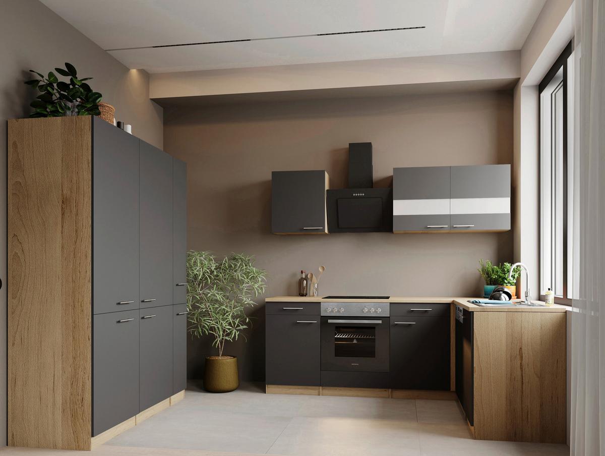 Eckküche Merle m. Geräten ca. 370x172cm Grau - Edelstahlfarben/Eichefarben, Trend, Holzwerkstoff/Metall (370/172cm) - Respekta