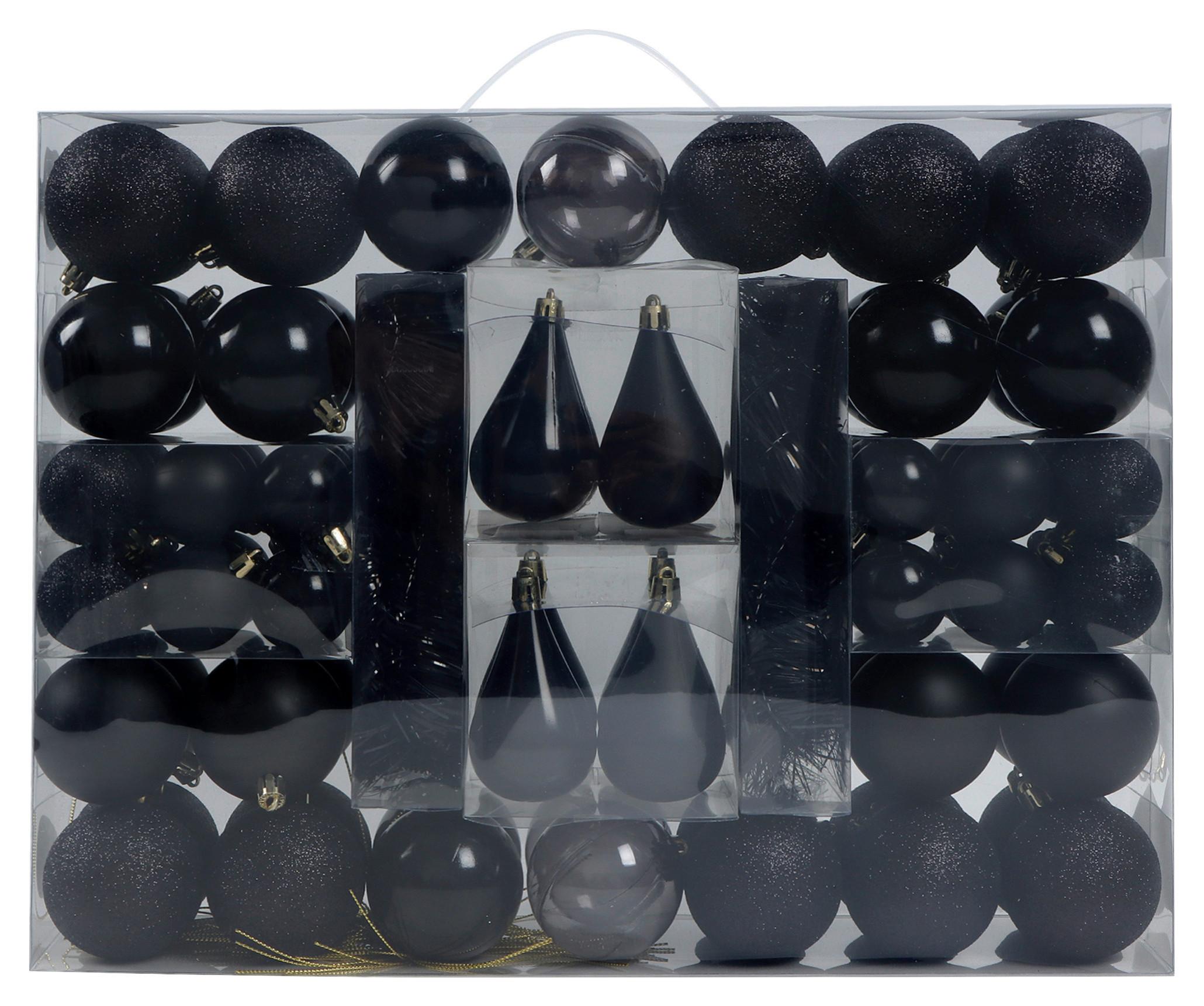Christbaumkugel-Set Joy Schwarz 90-teilig - Schwarz/Weiß, Kunststoff - Mömax