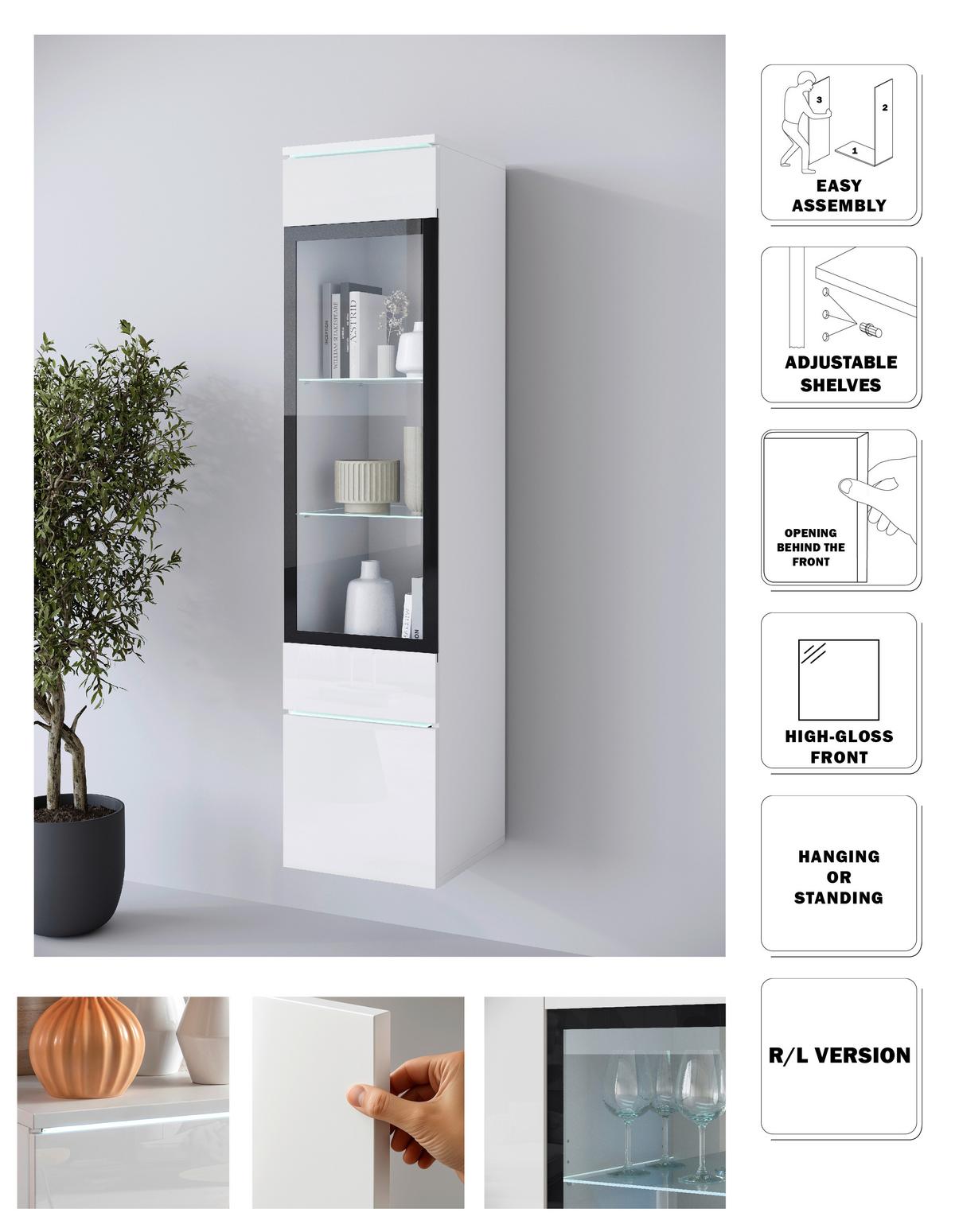 Vitrina Vera 002, Bela - siva/bela, Design, umetna masa/steklo (30/130/33cm) - Livetastic