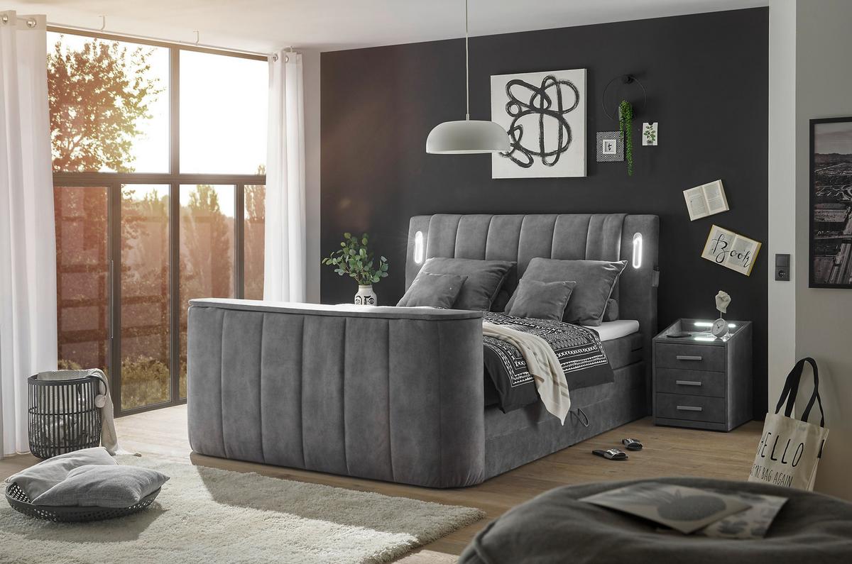 Boxspringbett Dallas m. LED ca. 180x200 cm Grau - Grau, MODERN, Holzwerkstoff/Kunststoff (180/200cm) - MID.YOU