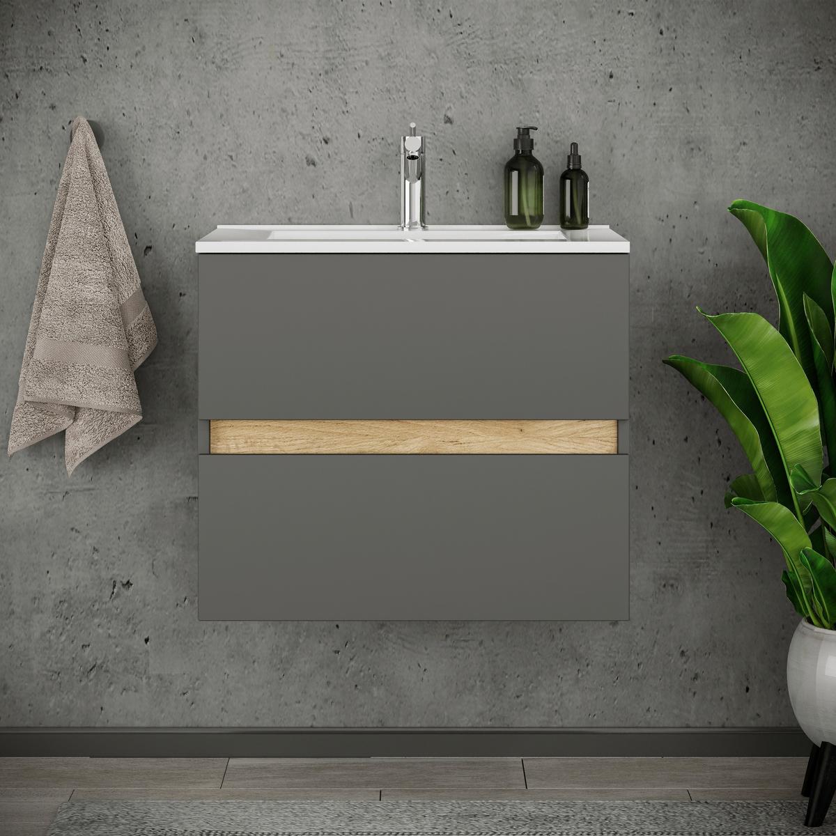 Badezimmer Cosila - Honigeiche/Weiss, Trend, Keramik/Holzwerkstoff (61/51/47cm) - MID.YOU