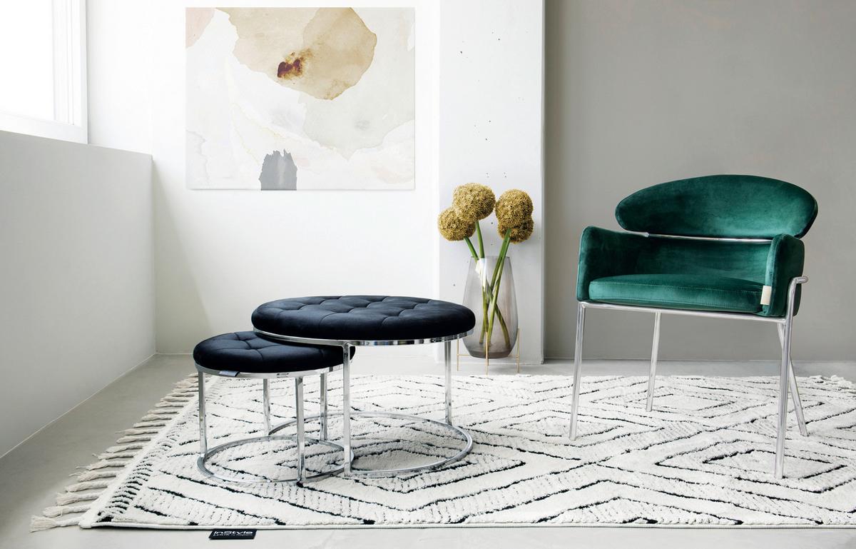 HOCKERSET MYLA 100 - Silberfarben/Schwarz, Design, Textil/Metall (40/60/32/41/40/60cm) - Kayoom