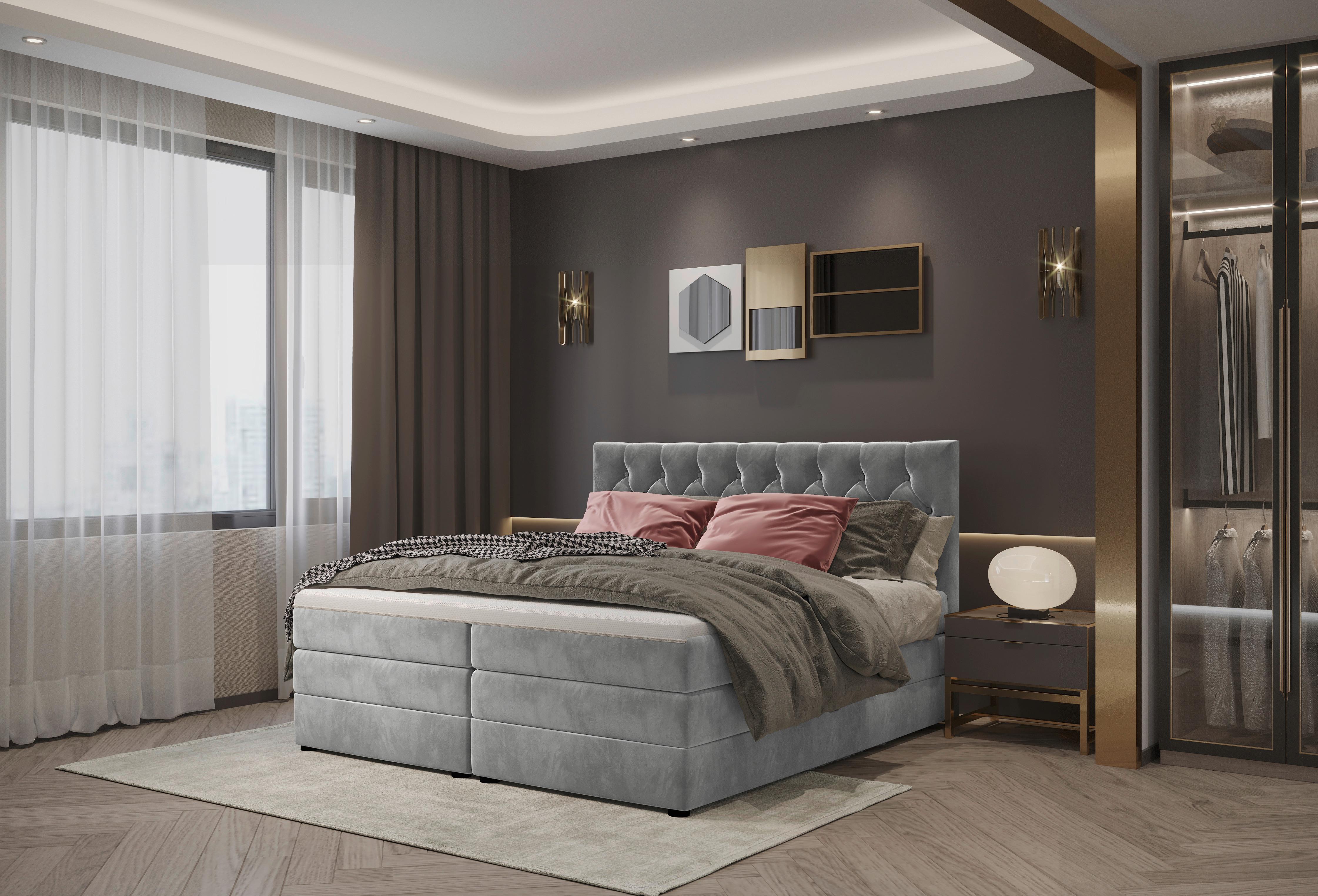 Boxspringbett Chess Silberfarben ca. 140x200cm - Silberfarben/Schwarz, KONVENTIONELL, Kunststoff/Textil (140/200cm) - Premium Living