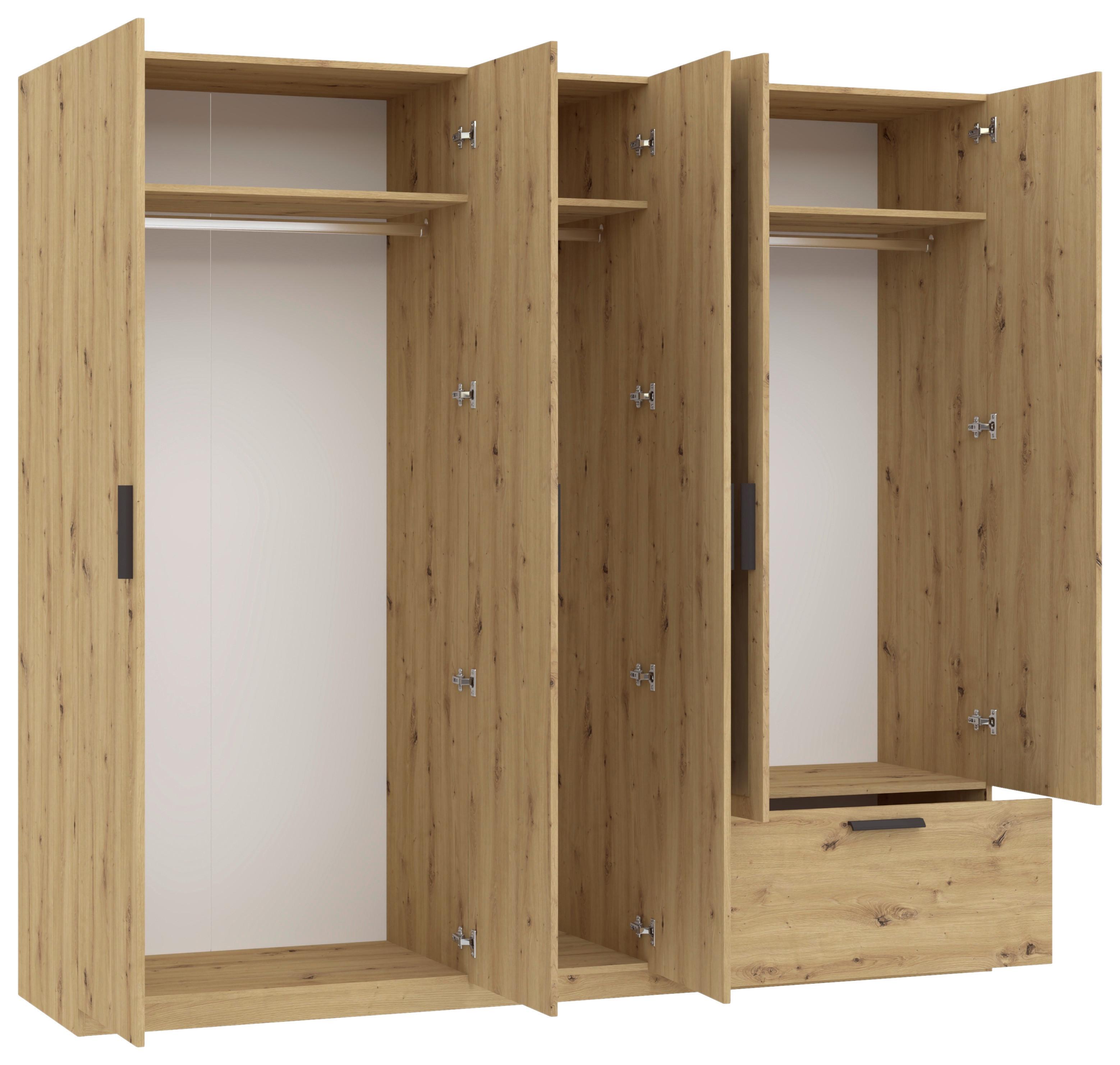 GARDEROB MED GÅNGJÄRNSDÖRRAR MILOS 5T1S2S - ek Artisan/svart, Modern, trämaterial/glas (225/210/54cm) - Mömax