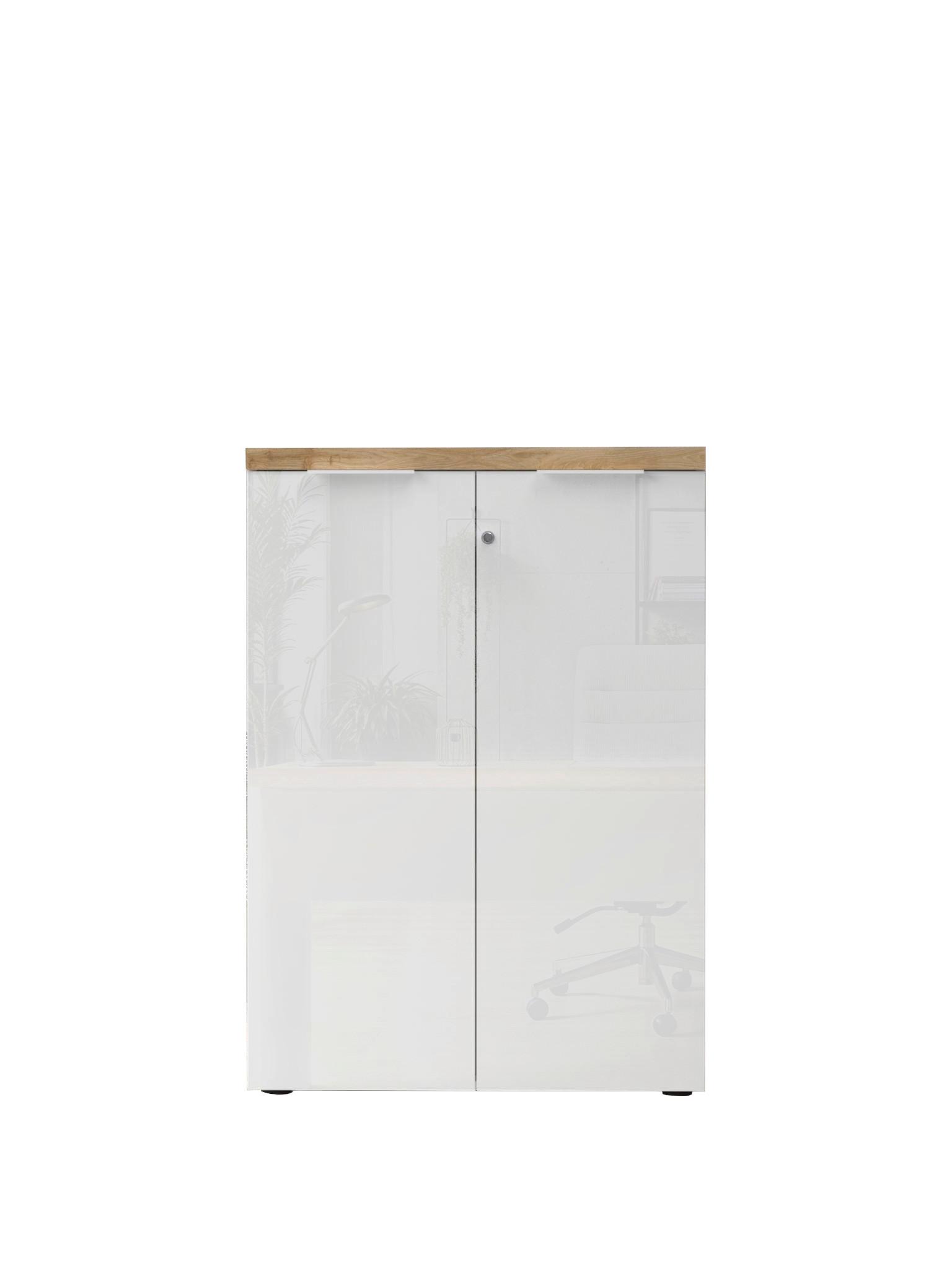 Schrank Easy Office Eichefarben/Weiß Hochglanz - Weiß Hochglanz/Eichefarben, MODERN, Holzwerkstoff/Metall (81/116/34cm) - Mömax