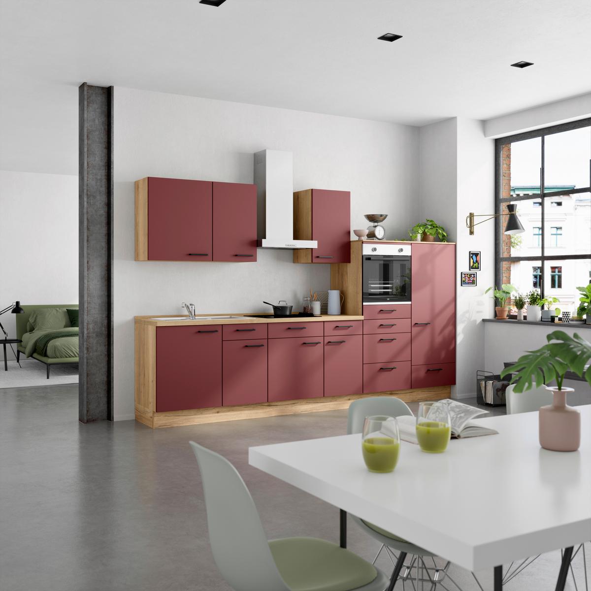 Küchenblock Easytouch Low m. Geräten Dunkelrot - Eichefarben/Schwarz, MODERN, Holzwerkstoff/Metall (330cm) - Nobilia