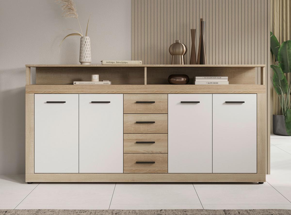 Široka Komoda Lupo, Bela, Barva Hrasta - bela/hrast sonoma, Design, umetna masa/leseni material (190/96/32cm) - MID.YOU