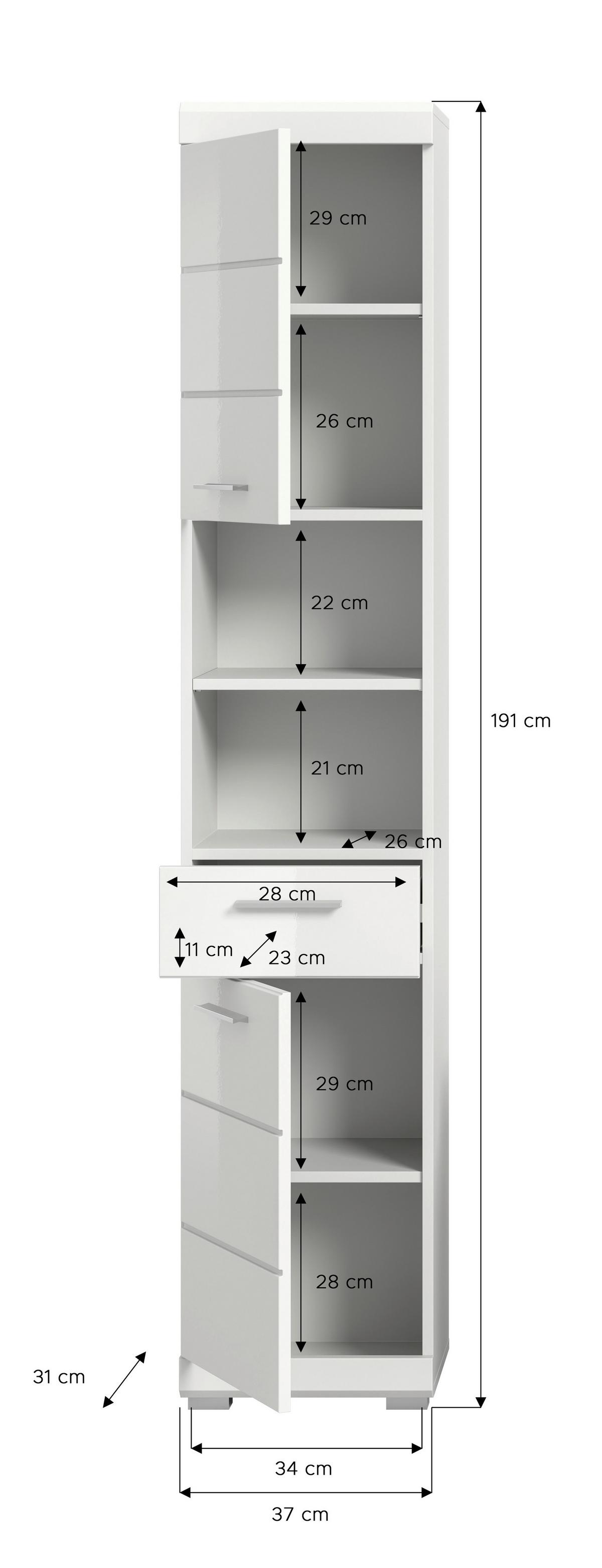 Hochschrank SCOUT Weiß Hochglanz ca.37x191x31cm - Weiß Hochglanz/Silberfarben, MODERN, Holzwerkstoff/Kunststoff (37/191/31cm) - MID.YOU