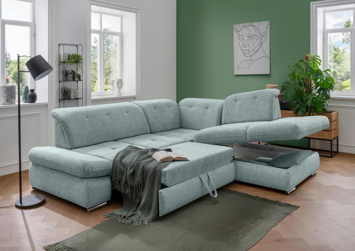 Ecksofa Dalida Mintgrün Chenille mit Bettkasten - Chromfarben/Mintgrün, Design, Textil/Metall (280/254cm) - Livetastic