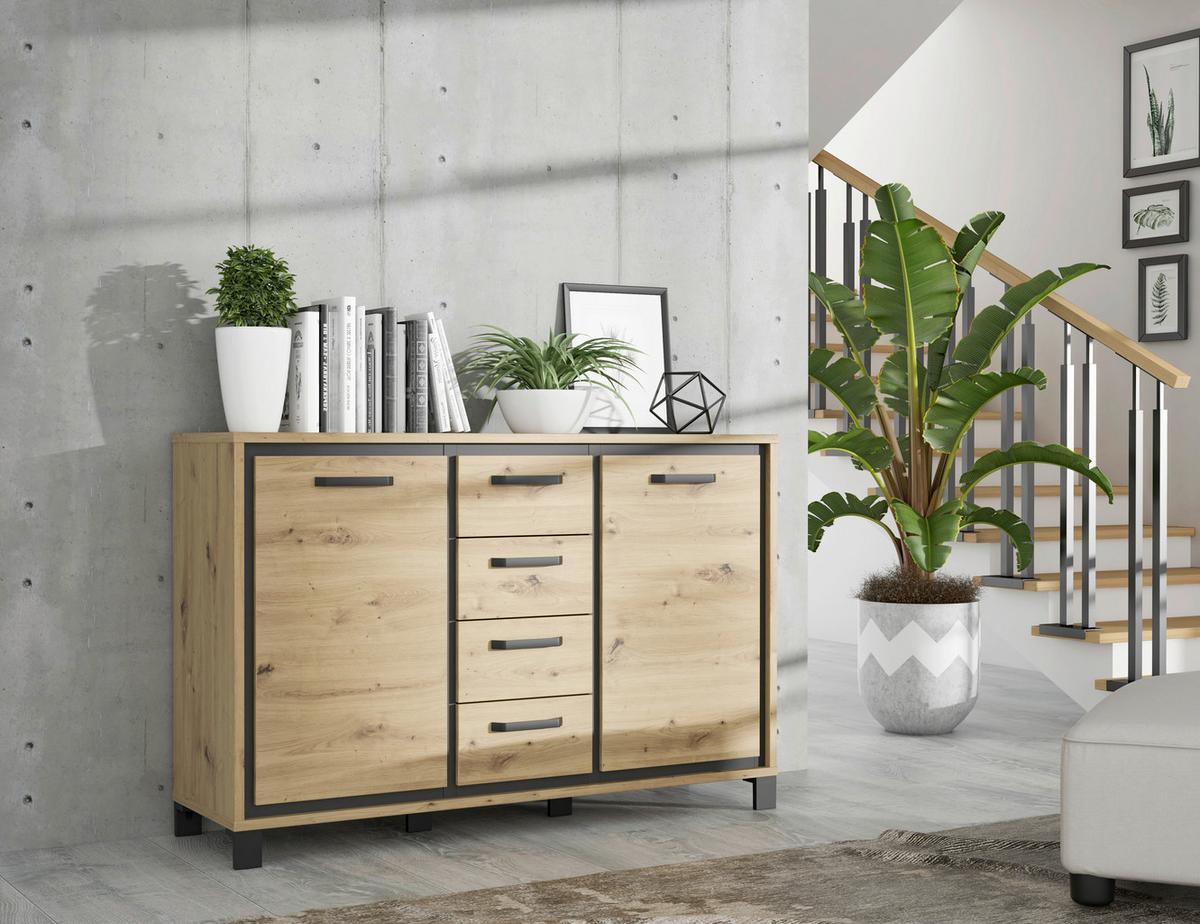 Kommode "Trondheim" , Schwarz, Eiche - Eichefarben/Schwarz, MODERN, Holzwerkstoff/Kunststoff (138,4/91,2/41,5cm) - MID.YOU