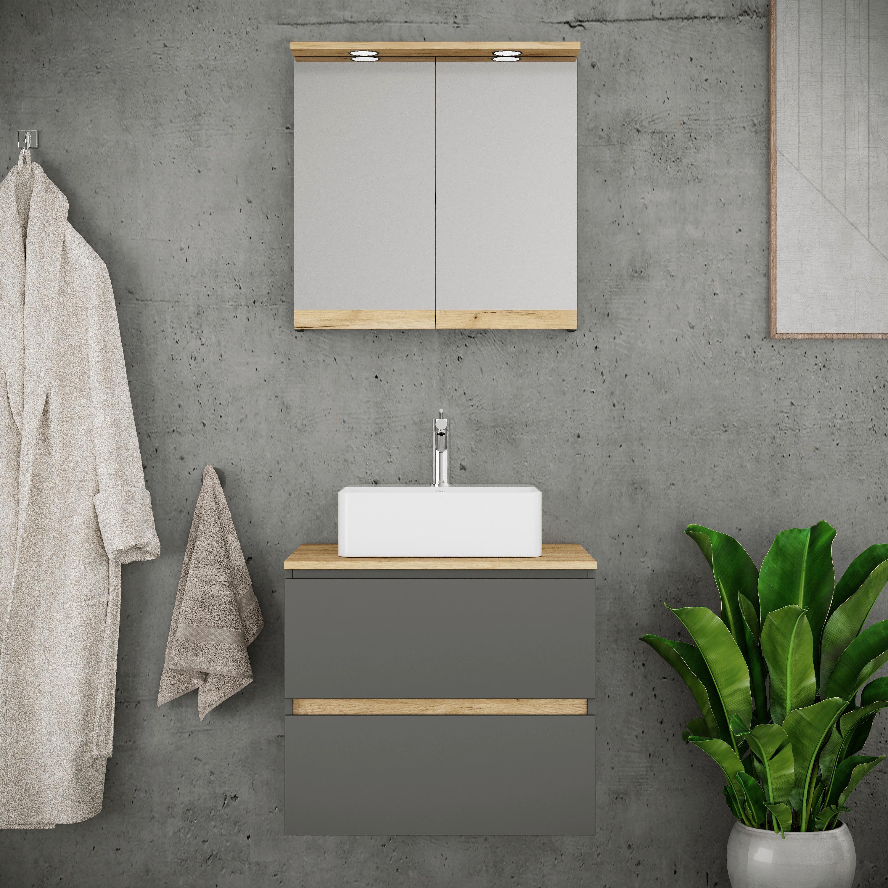 Badezimmer Cosila - Honigeiche/Weiss, Trend, Keramik/Holzwerkstoff (60cm) - MID.YOU