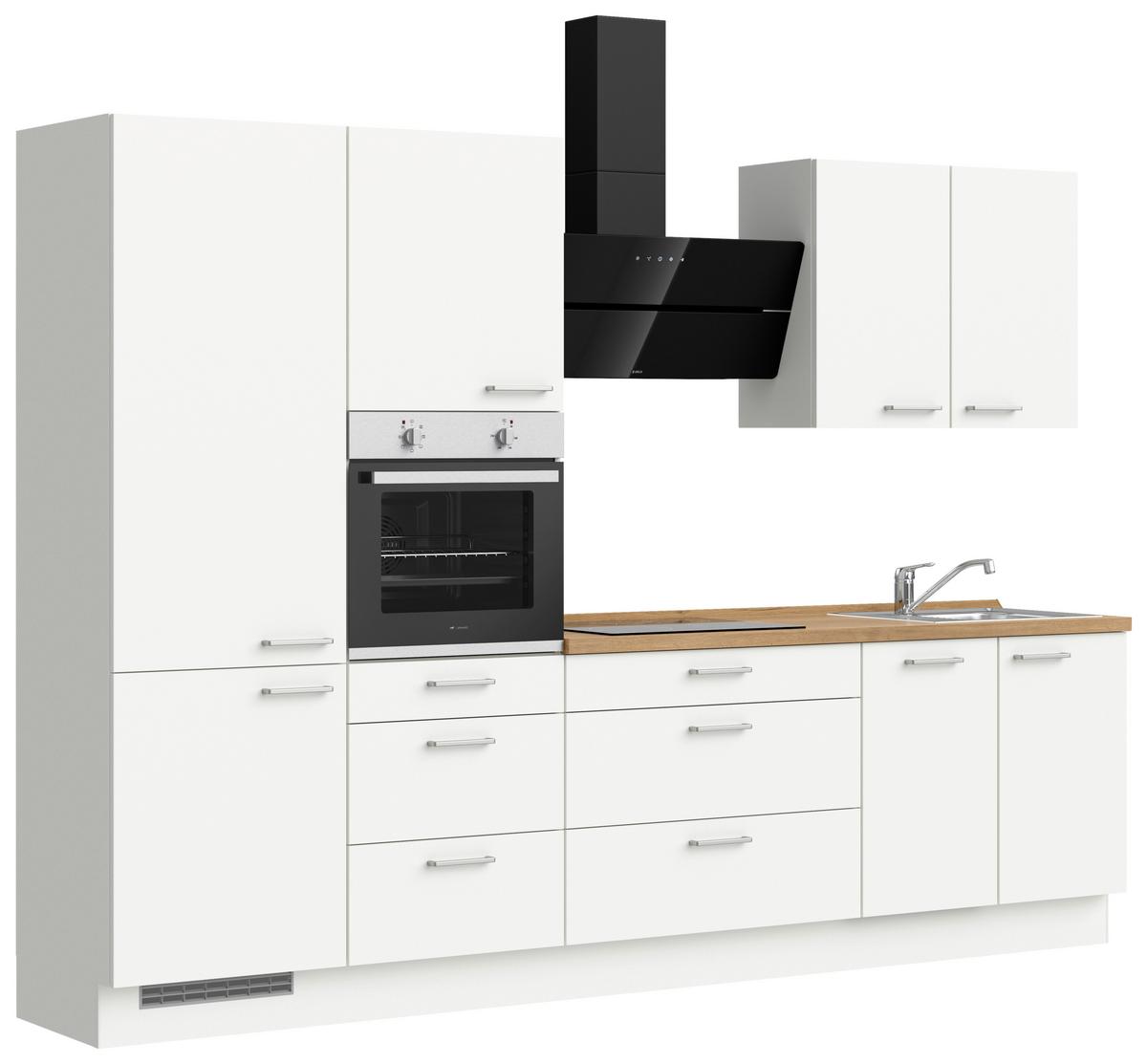 Küchenblock Touch High m. Geräten Weiß - Edelstahlfarben/Eichefarben, MODERN, Holzwerkstoff/Metall (300cm) - Nobilia