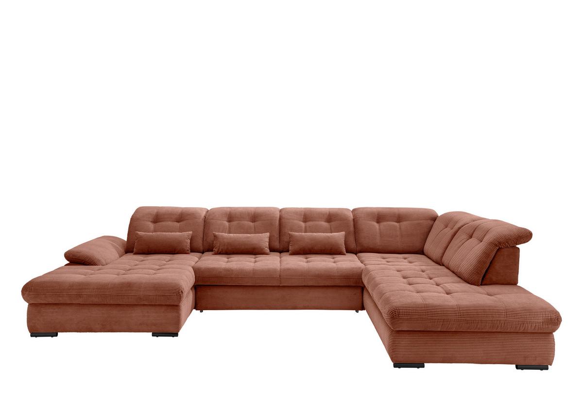 Wohnlandschaft Rigatti Koralle Cord mit Bettkasten - Koralle/Schwarz, MODERN, Textil/Metall (184/387/252cm) - Livetastic