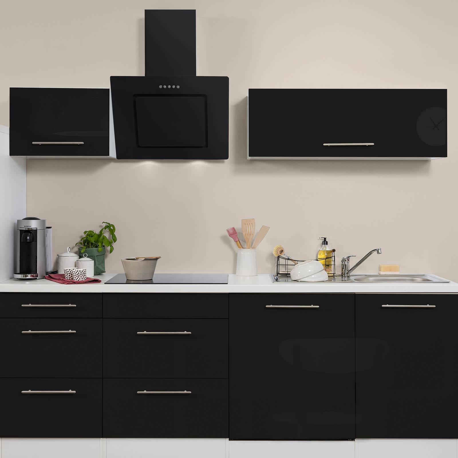 Küchenzeile mit Geräte Schwarz Hochglanz/Weiß B: ca. 280 cm - Edelstahlfarben/Schwarz, KONVENTIONELL, Holzwerkstoff/Metall (280cm) - Respekta