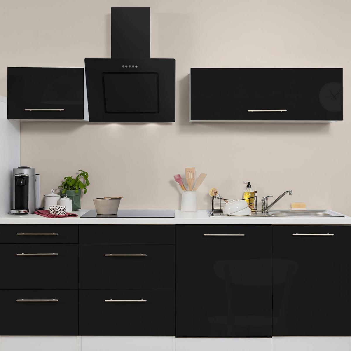 Küchenzeile mit Geräte Schwarz Hochglanz/Weiß B: ca. 280 cm - Edelstahlfarben/Schwarz, KONVENTIONELL, Holzwerkstoff/Metall (280cm) - Respekta