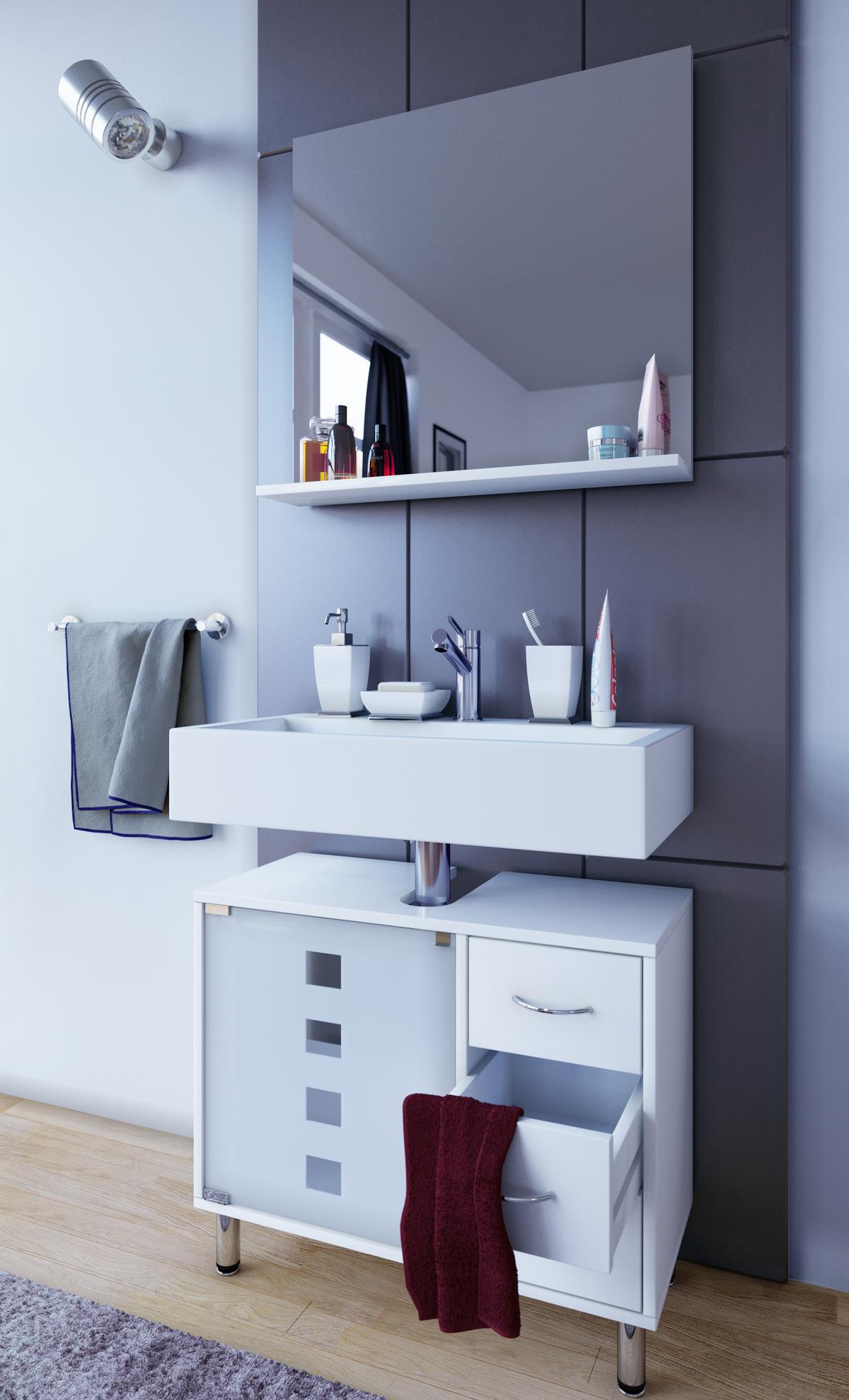 Waschbeckenunterschrank Darola Glastür ca. 67x58 cm Weiß - Silberfarben/Weiß, KONVENTIONELL, Glas/Holzwerkstoff (67/57,5/29,5cm) - MID.YOU