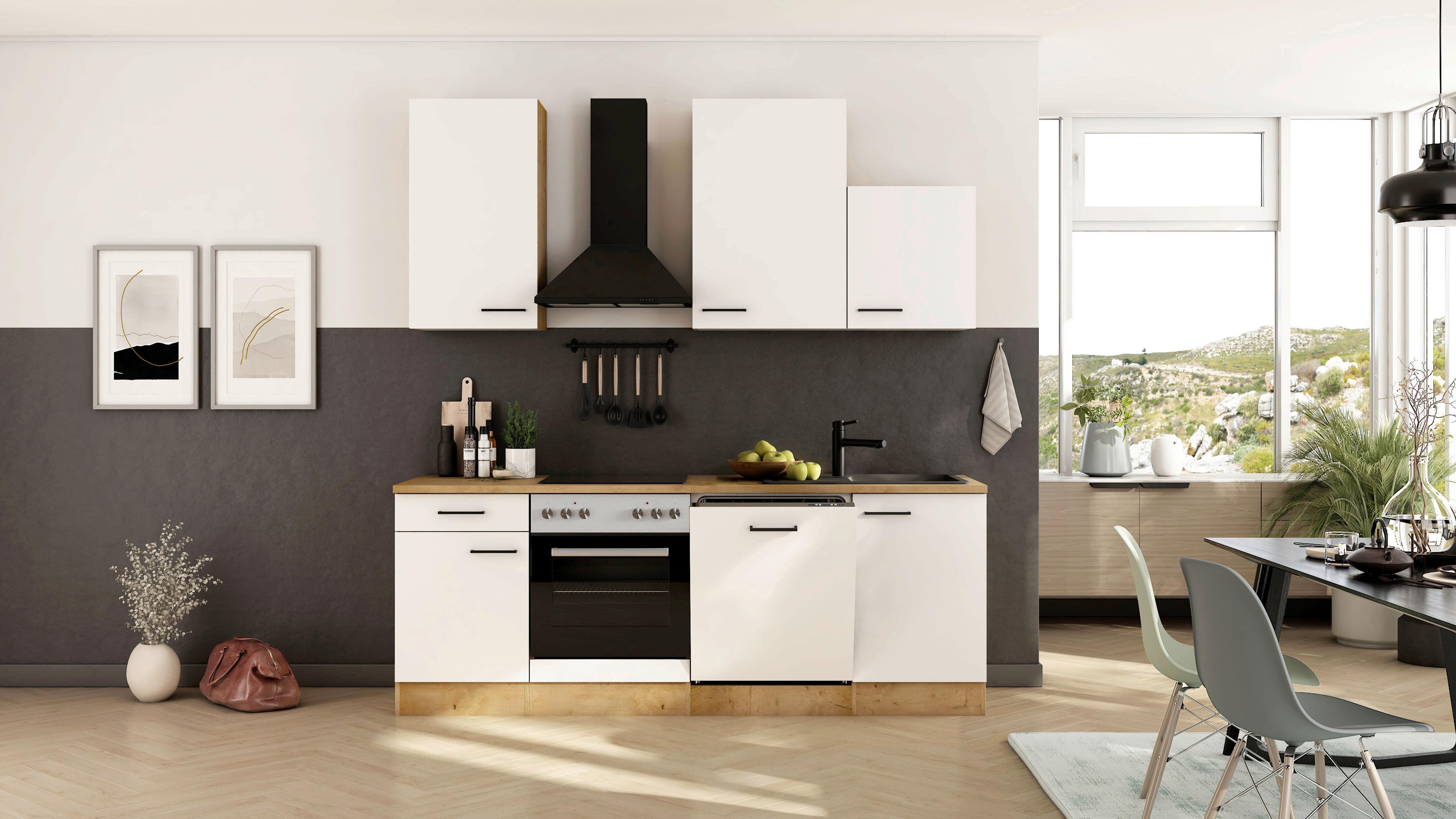 Küchenblock Avila m. Geräten Magnolie - Eichefarben/Magnolie, Trend, Holzwerkstoff/Metall (220cm) - FlexWell
