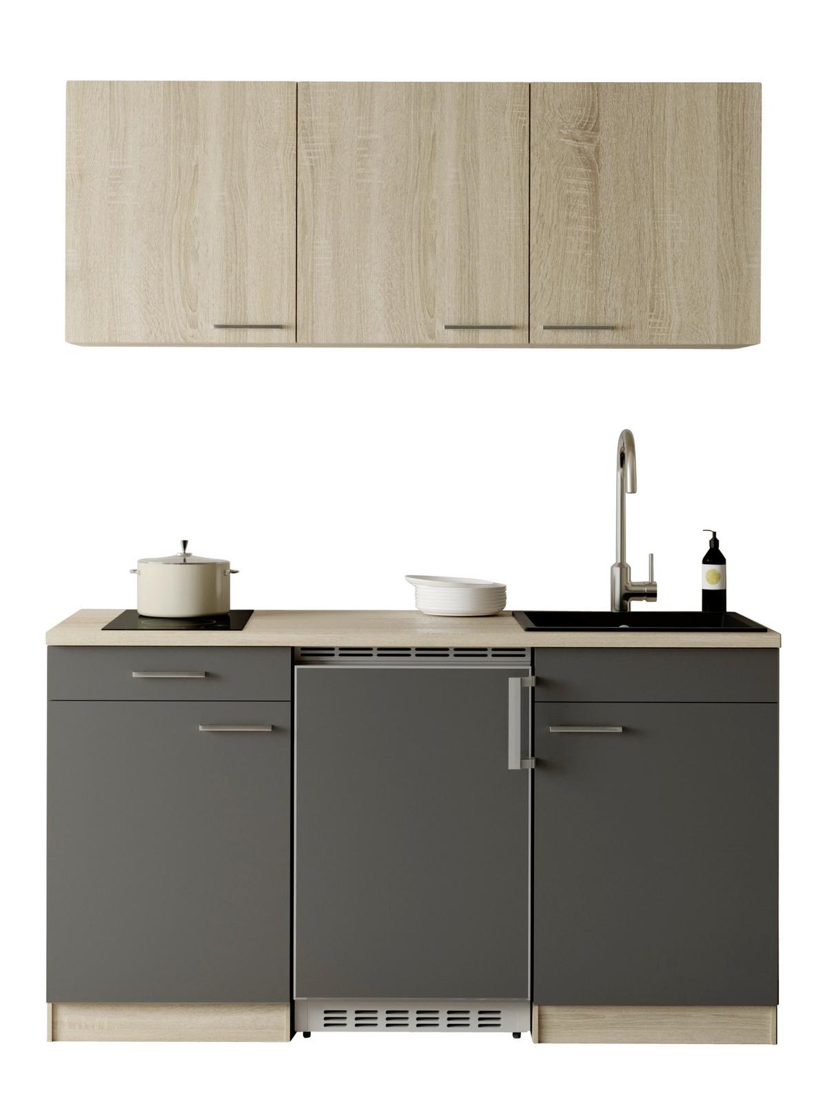 Miniküche Ingrid m. Geräten ca. 150cm Grau - Eichefarben/Alufarben, Design, Holzwerkstoff/Kunststoff (150cm) - Respekta