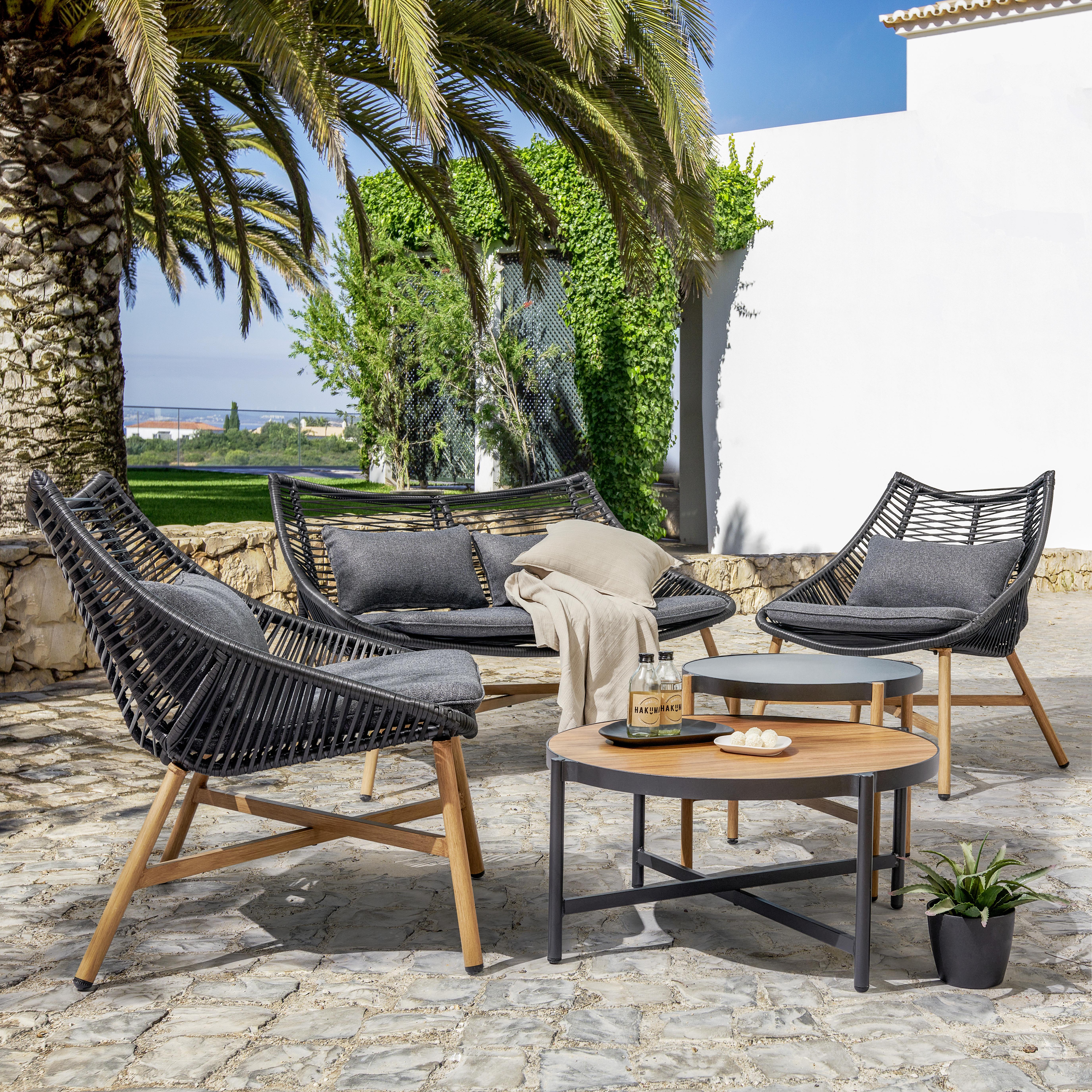 Loungegarnitur Eda in Grau/Schwarz/Teakfarben - Anthrazit/Schwarz, Modern, Glas/Kunststoff (300cm) - Modern Living