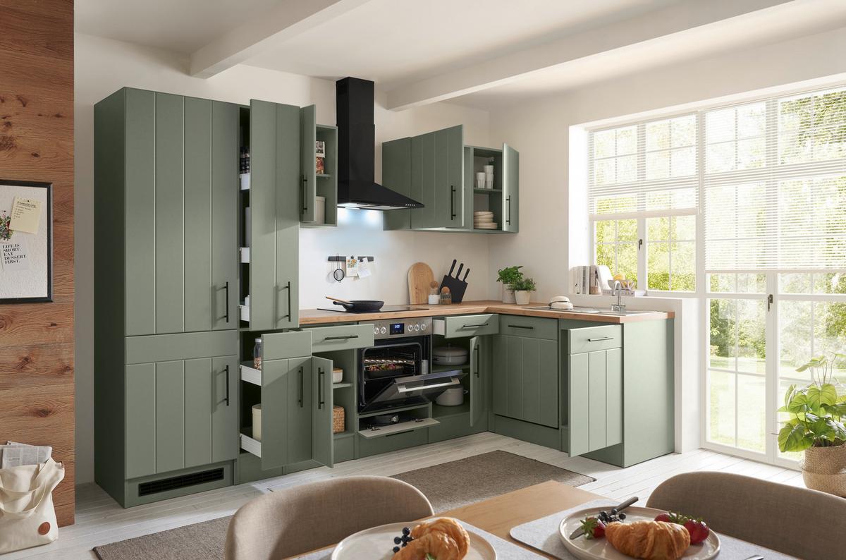 Eckküche Anton m. Geräte ca. 310x172cm Eiche/Schilfgrün - Schilfgrün/Wildeiche, Trend, Holzwerkstoff (310/172cm) - Respekta