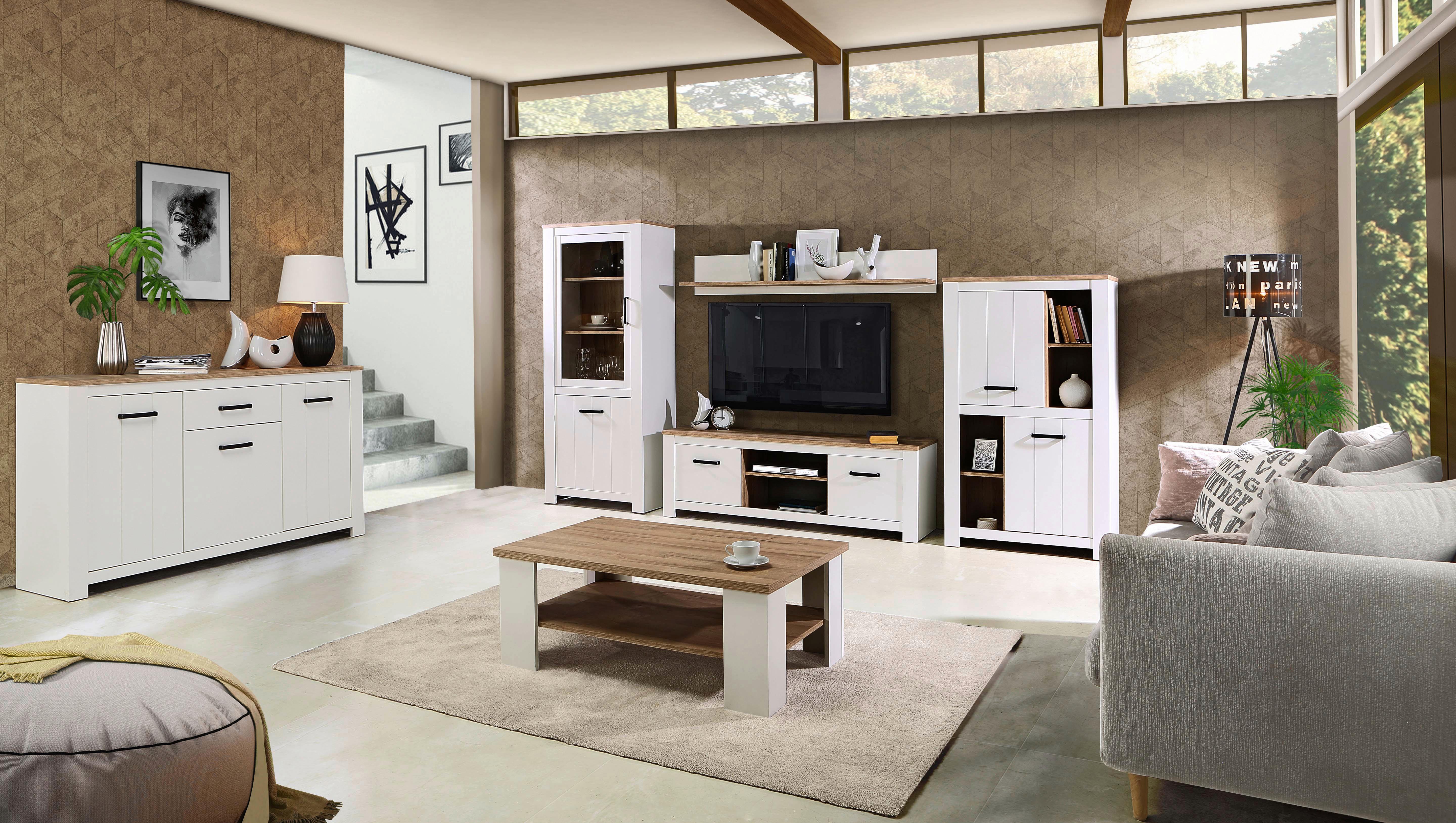 Vitrina Elara - bijela/boje hrasta, Moderno, drvni materijal/plastika (76,9/185,5/42,2cm) - Modern Living
