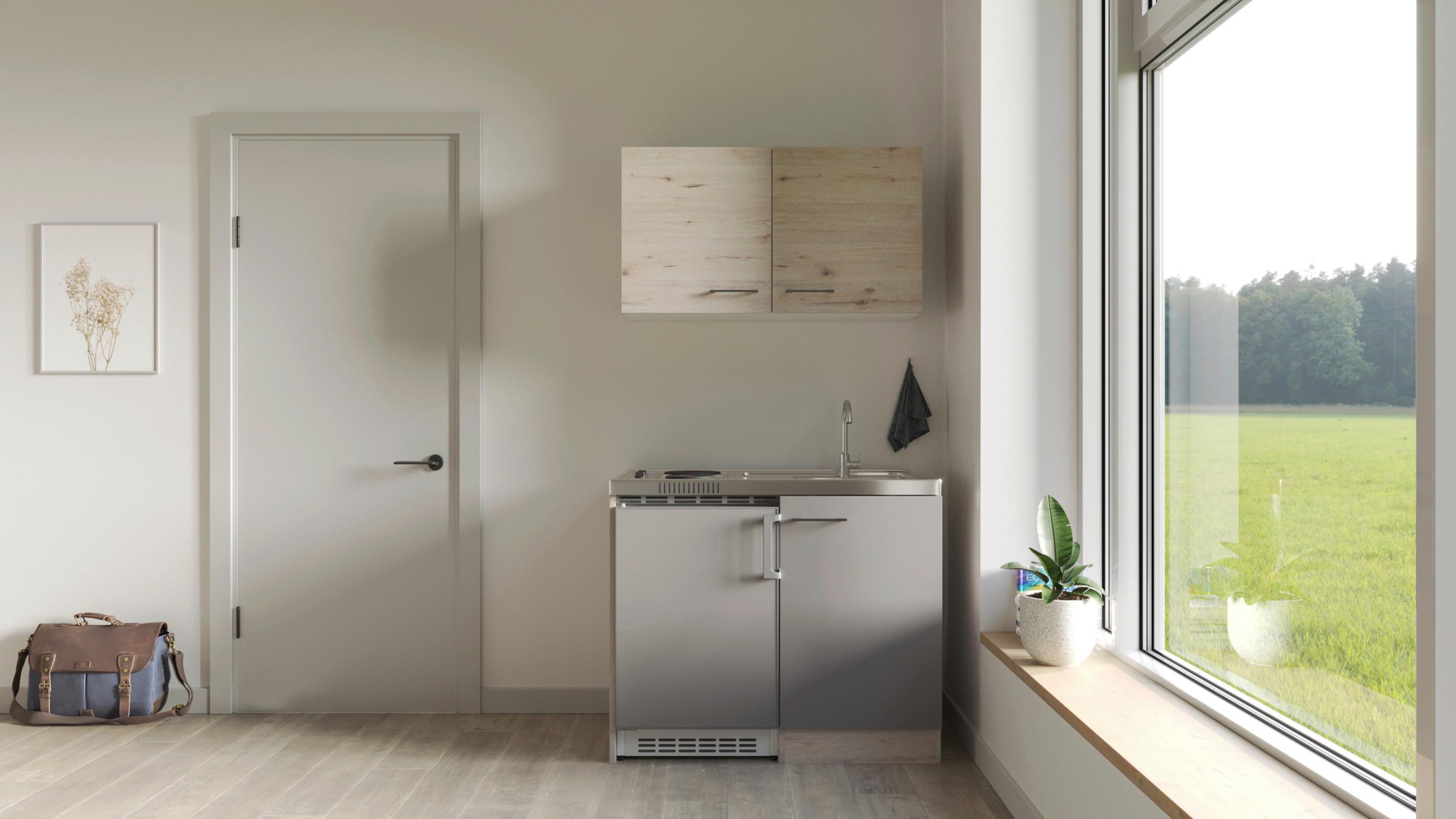 Miniküche Riva mit Geräten ca. 100 cm Champagner/Eiche - Champagner/Edelstahlfarben, MODERN, Holzwerkstoff/Metall (100cm) - FlexWell