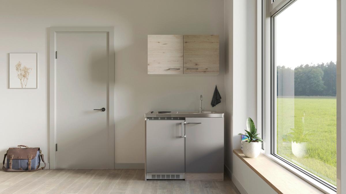 Miniküche Riva mit Geräten ca. 100 cm Champagner/Eiche - Champagner/Edelstahlfarben, MODERN, Holzwerkstoff/Metall (100cm) - FlexWell