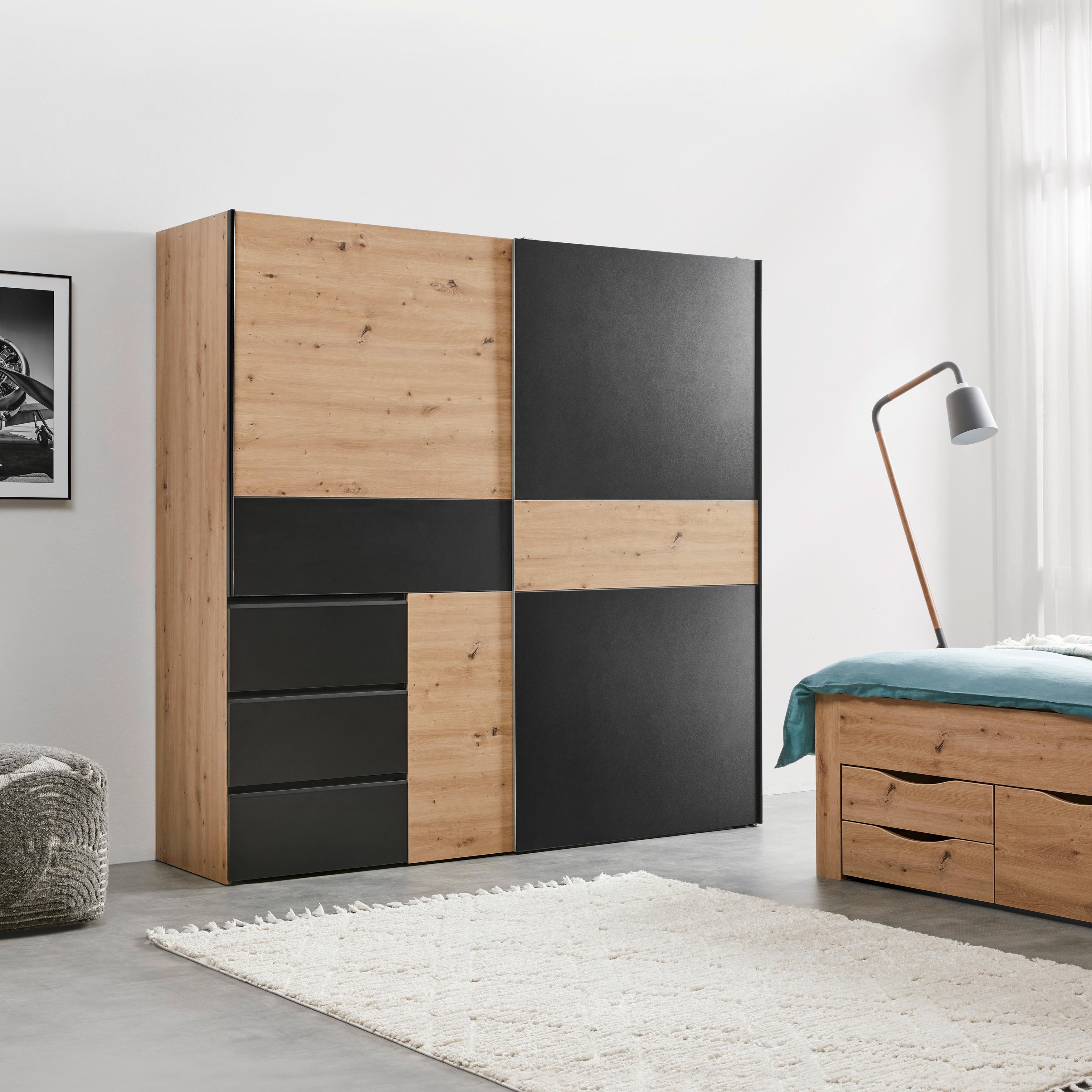 Schwebetürenschrank Racer Schwarz ca. 200,1x200,5x61,2cm - Eichefarben/Schwarz, KONVENTIONELL, Holzwerkstoff/Kunststoff (200,1/200,5/61,2cm) - Mömax