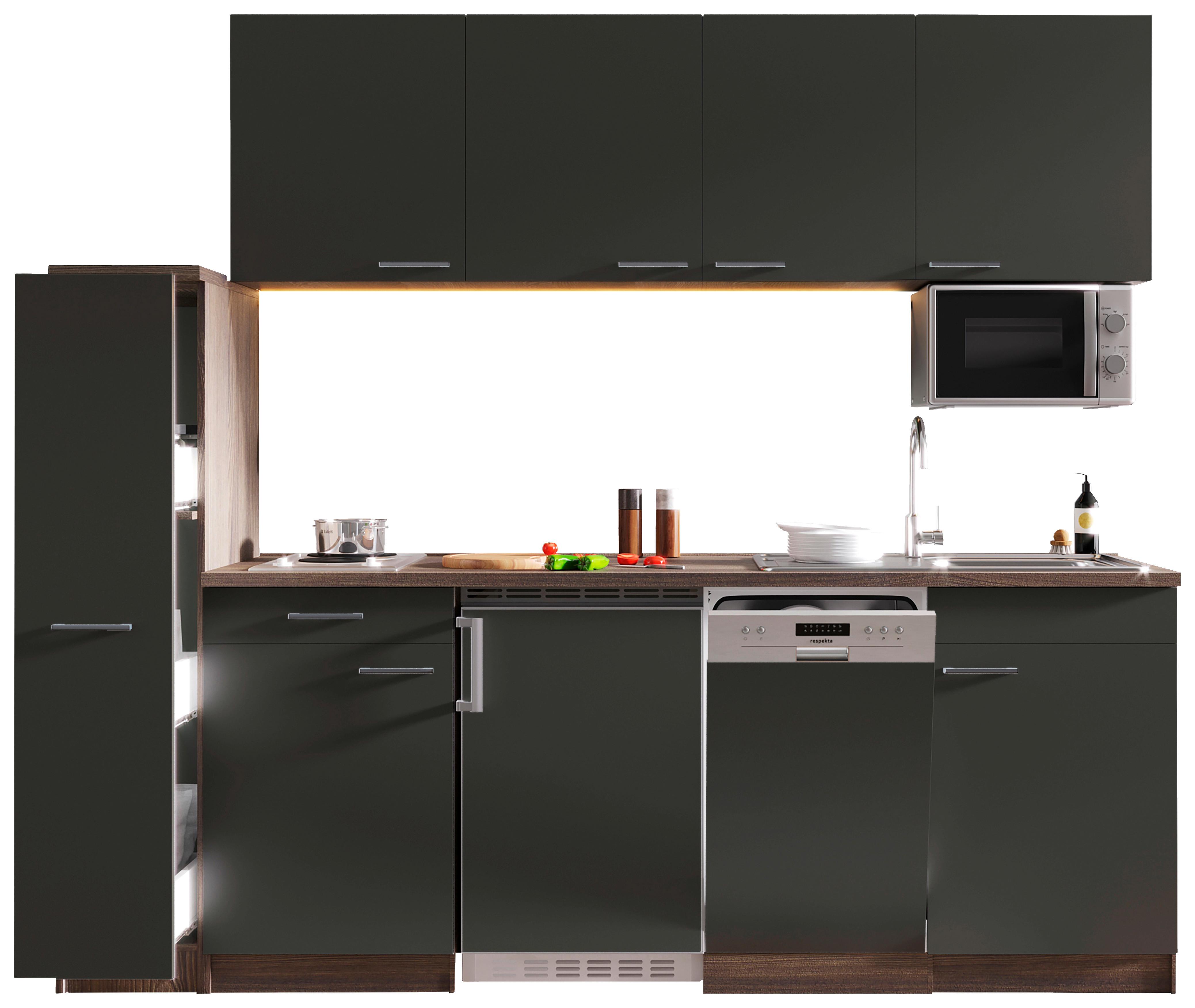 Küchenblock Oliver mit Geräten ca. 225 cm Grau - Eichefarben/Alufarben, Basics, Holzwerkstoff/Kunststoff (225cm) - Respekta