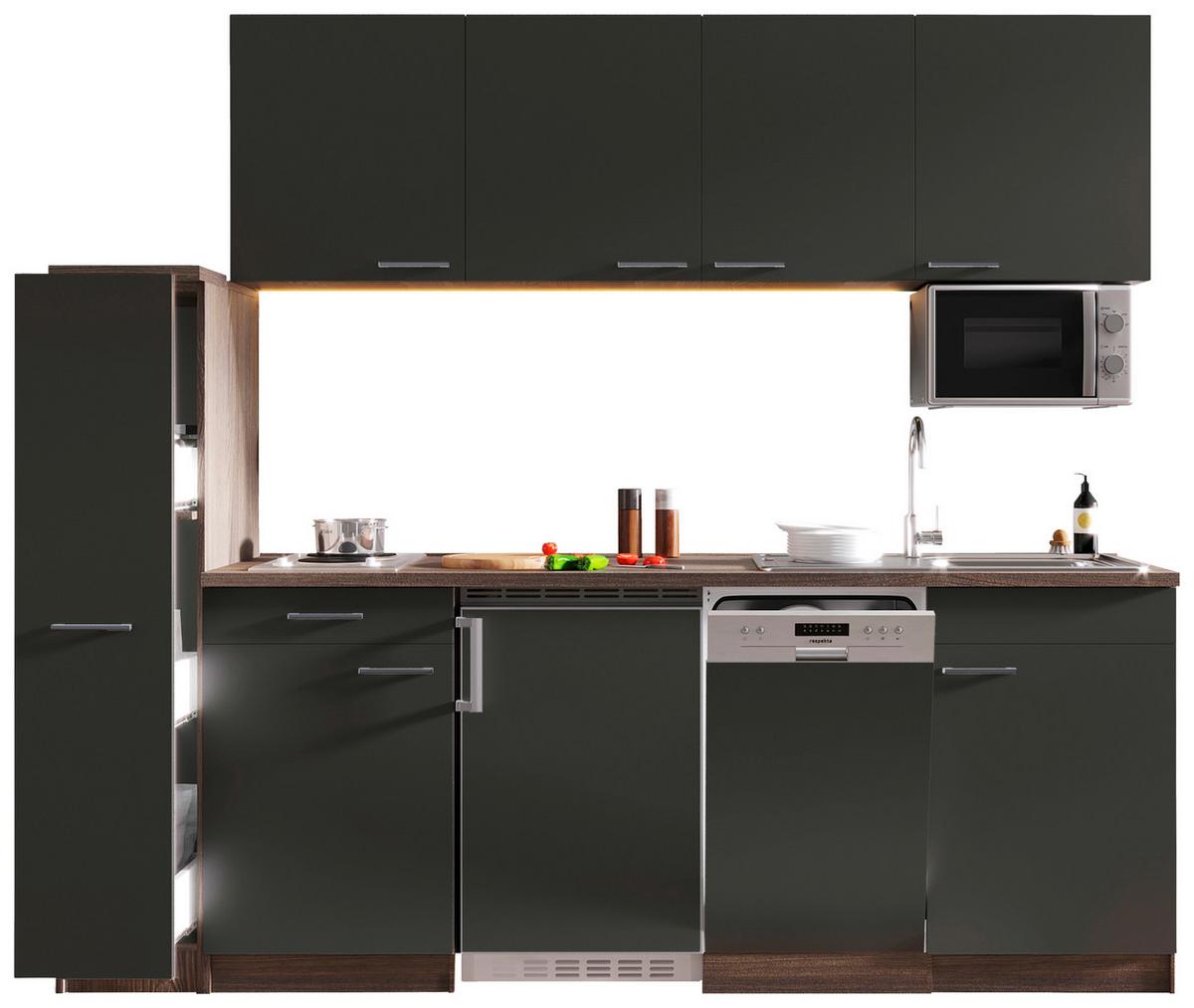 Küchenblock Oliver mit Geräten ca. 225 cm Grau - Eichefarben/Alufarben, Basics, Holzwerkstoff/Kunststoff (225cm) - Respekta