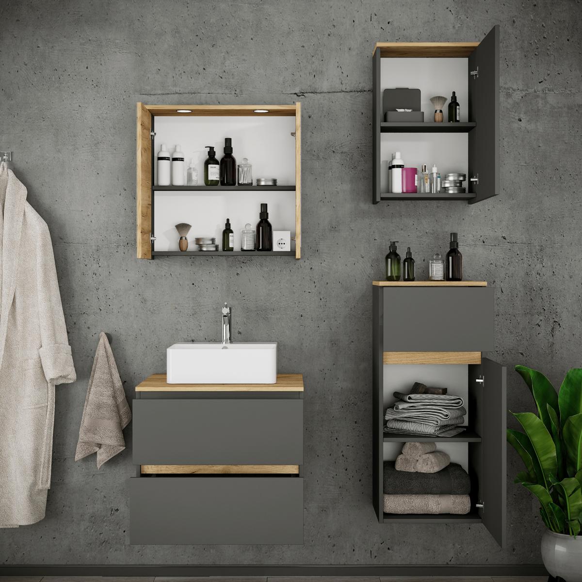 Badezimmer Cosila - Honigeiche/Weiss, Trend, Keramik/Holzwerkstoff (100cm) - MID.YOU