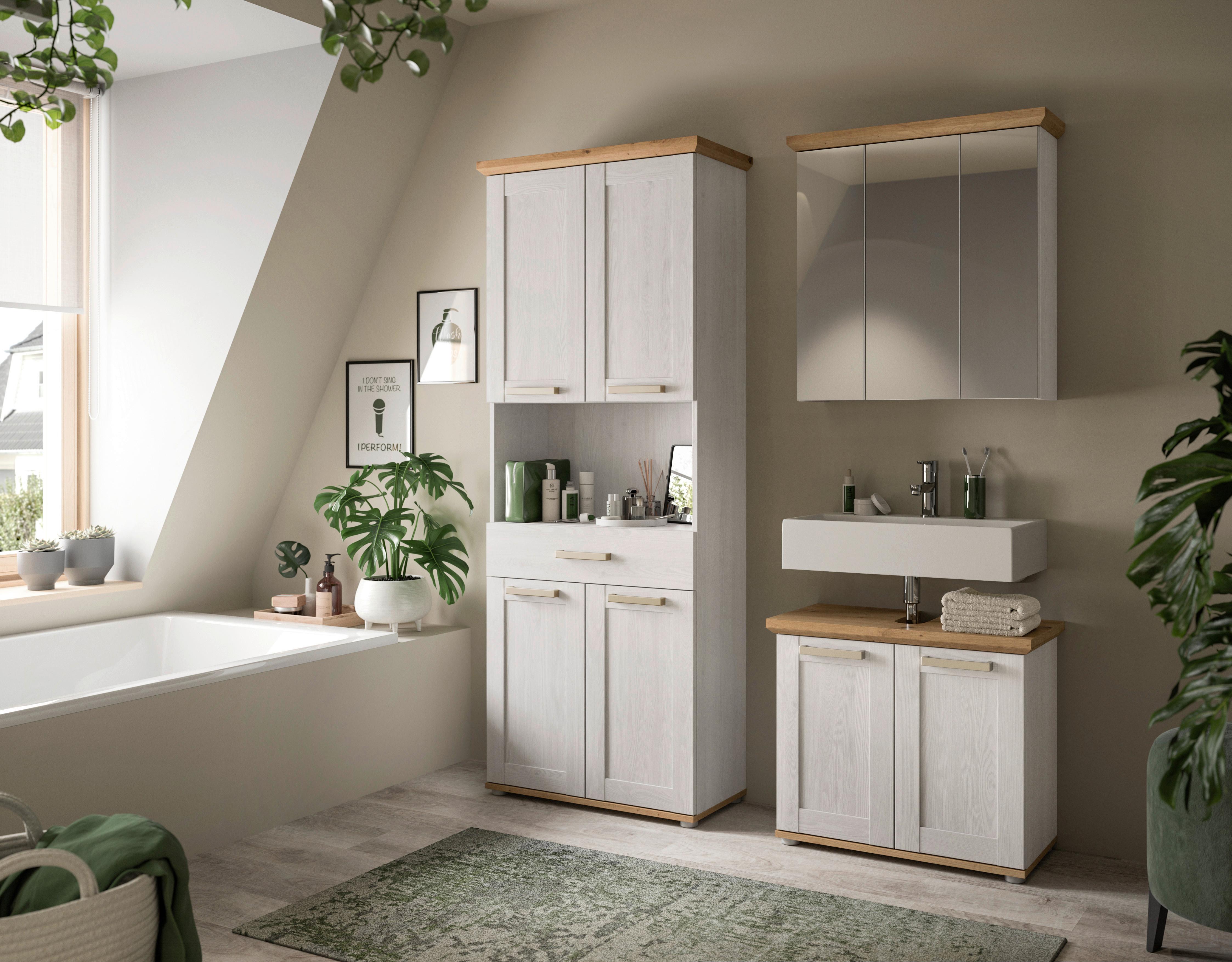 Badezimmer Verona Lärchenfarben/Eiche Artisan - Silberfarben/Lärchefarben, Trend, Glas/Holzwerkstoff (143cm) - MID.YOU