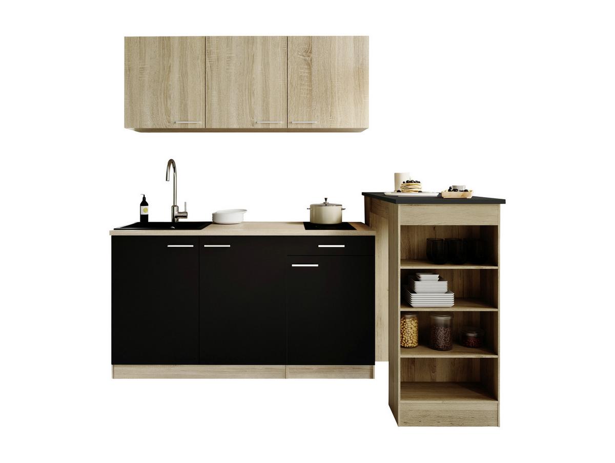 Miniküche Ingrid m. Gerät ca. 150cm Schwarz - Eichefarben/Schwarz, Design, Holzwerkstoff/Kunststoff (150cm) - Respekta