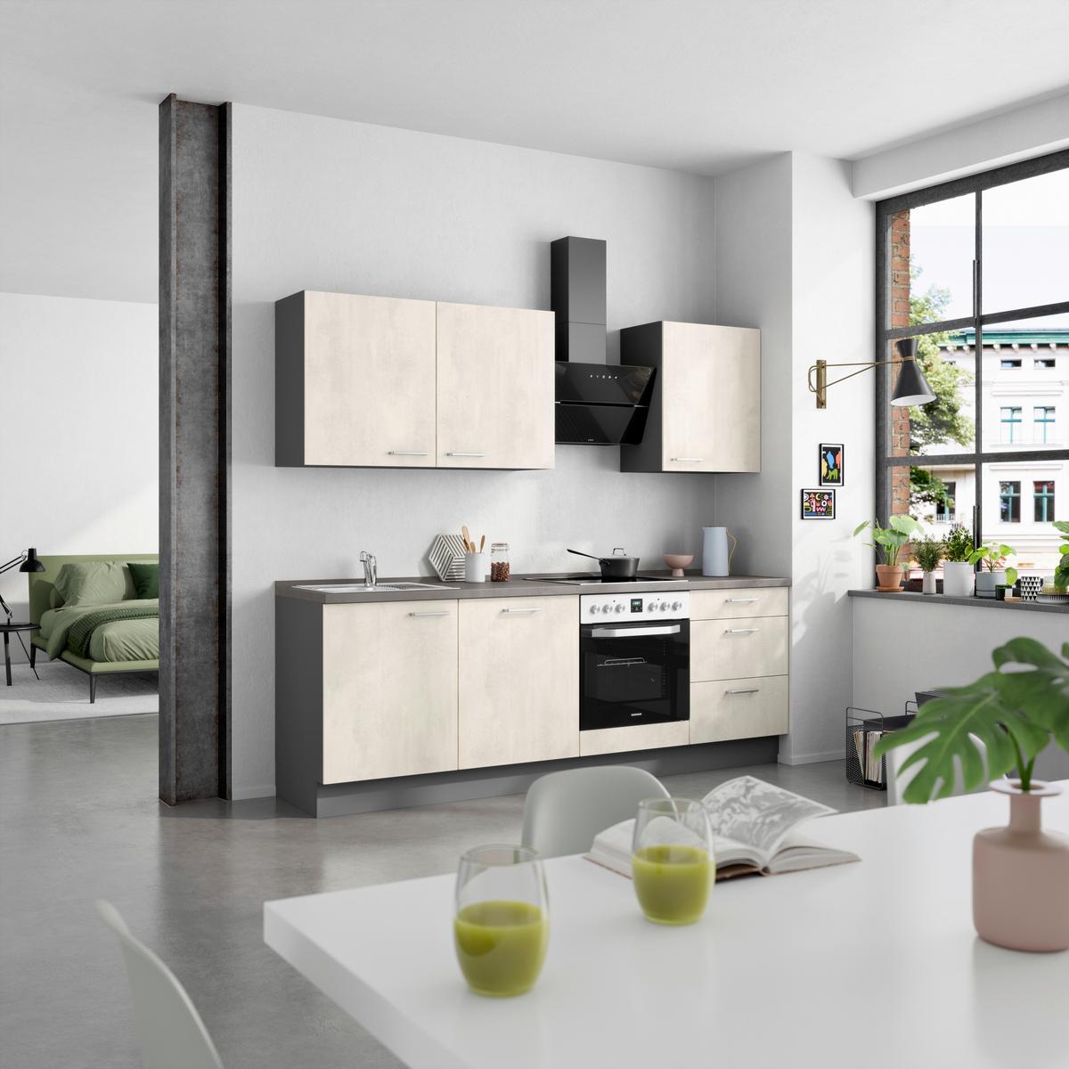 Küchenblock Riva High m. Geräten Weiß - Schieferfarben/Edelstahlfarben, MODERN, Holzwerkstoff/Metall (240cm) - Nobilia
